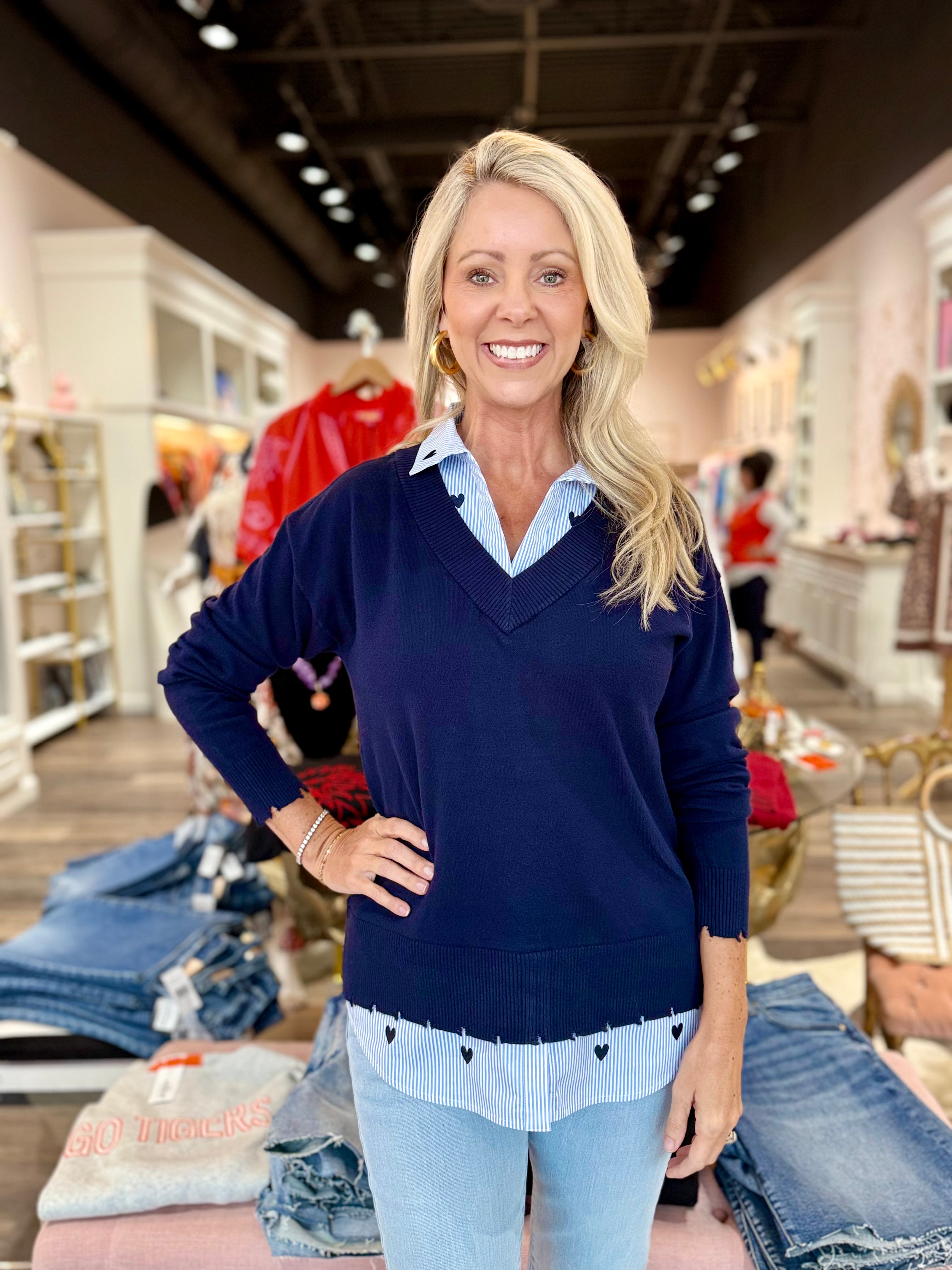 Charlie B V-Neck Fooler Sweater Navy Heart
