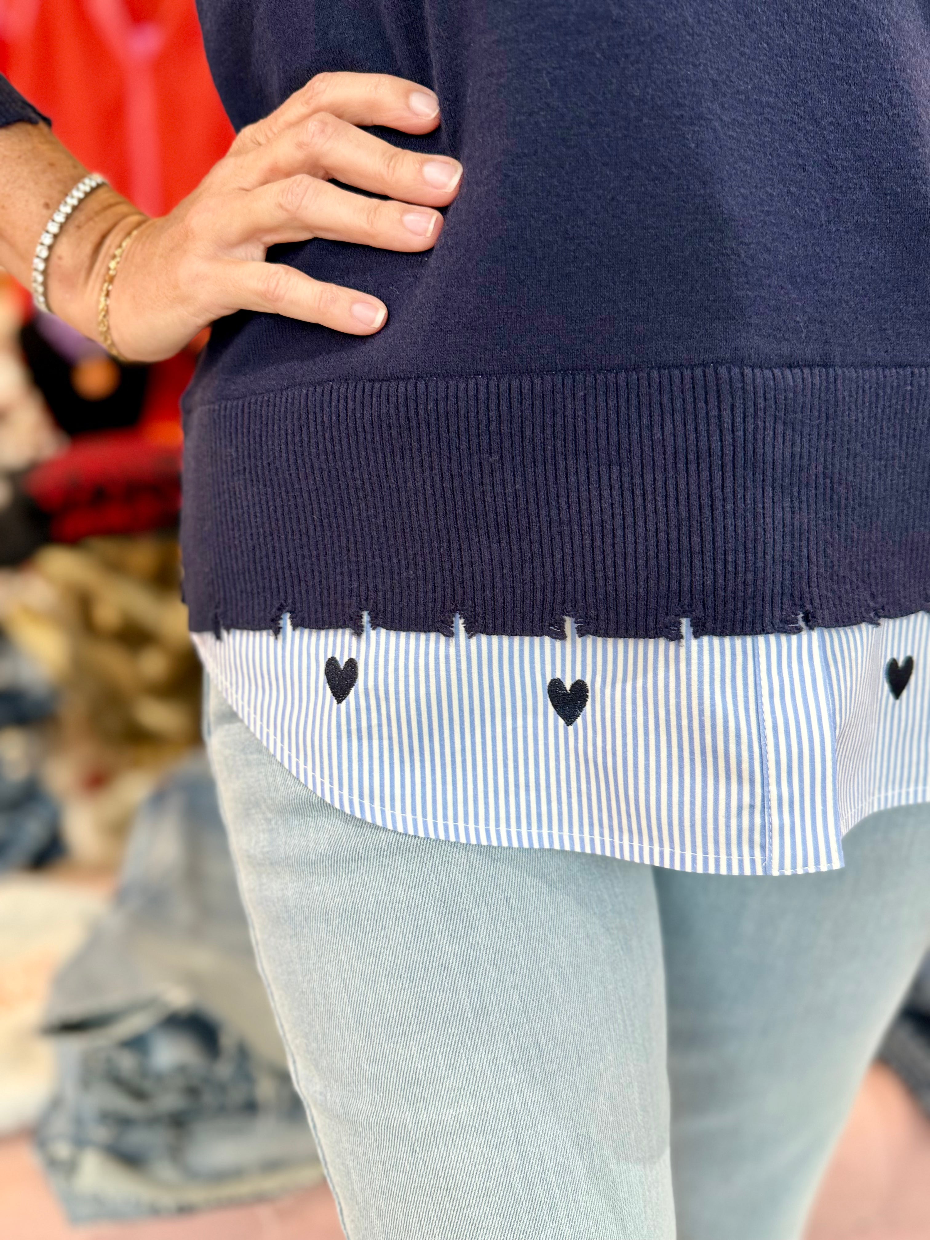 Charlie B V-Neck Fooler Sweater Navy Heart