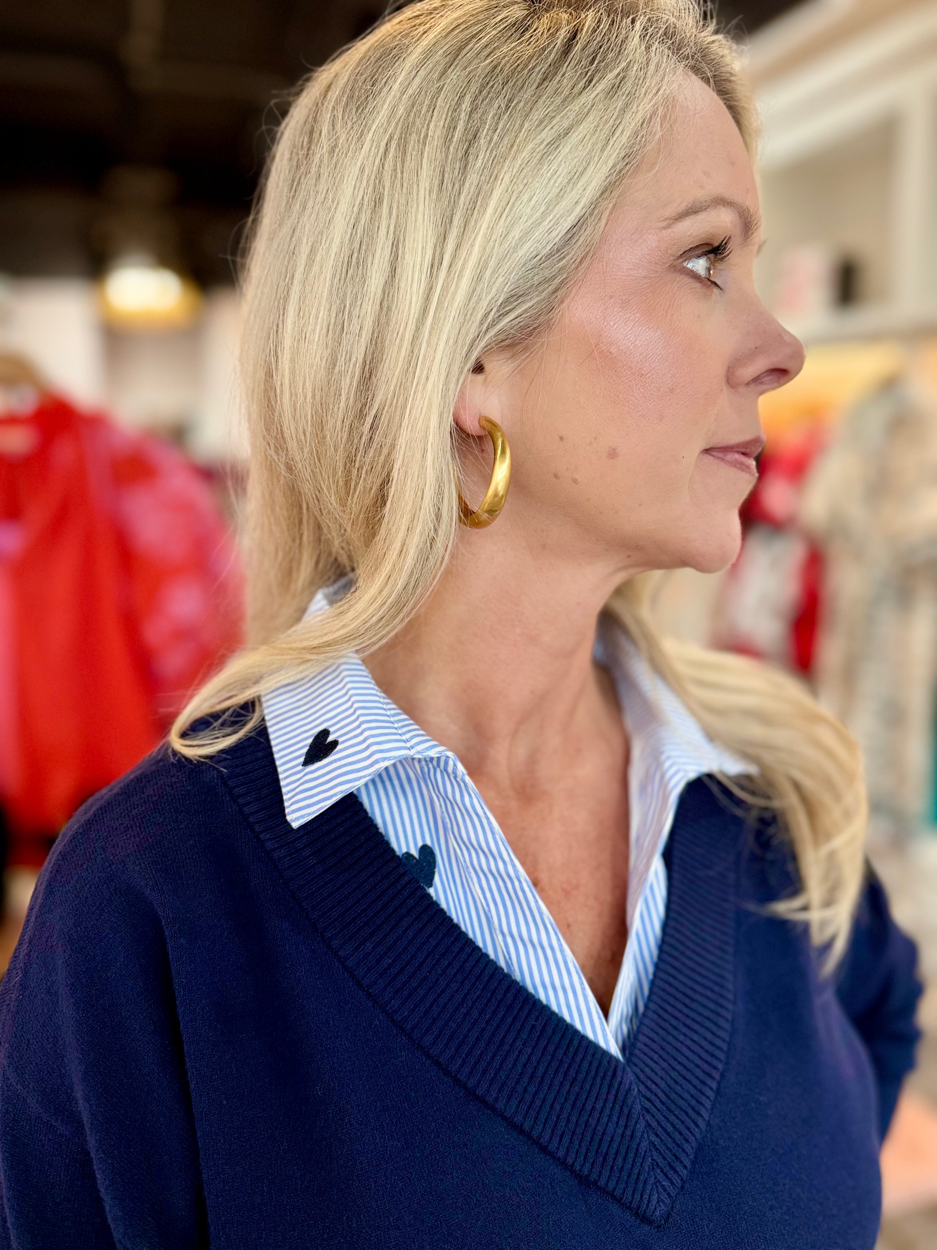 Charlie B V-Neck Fooler Sweater Navy Heart