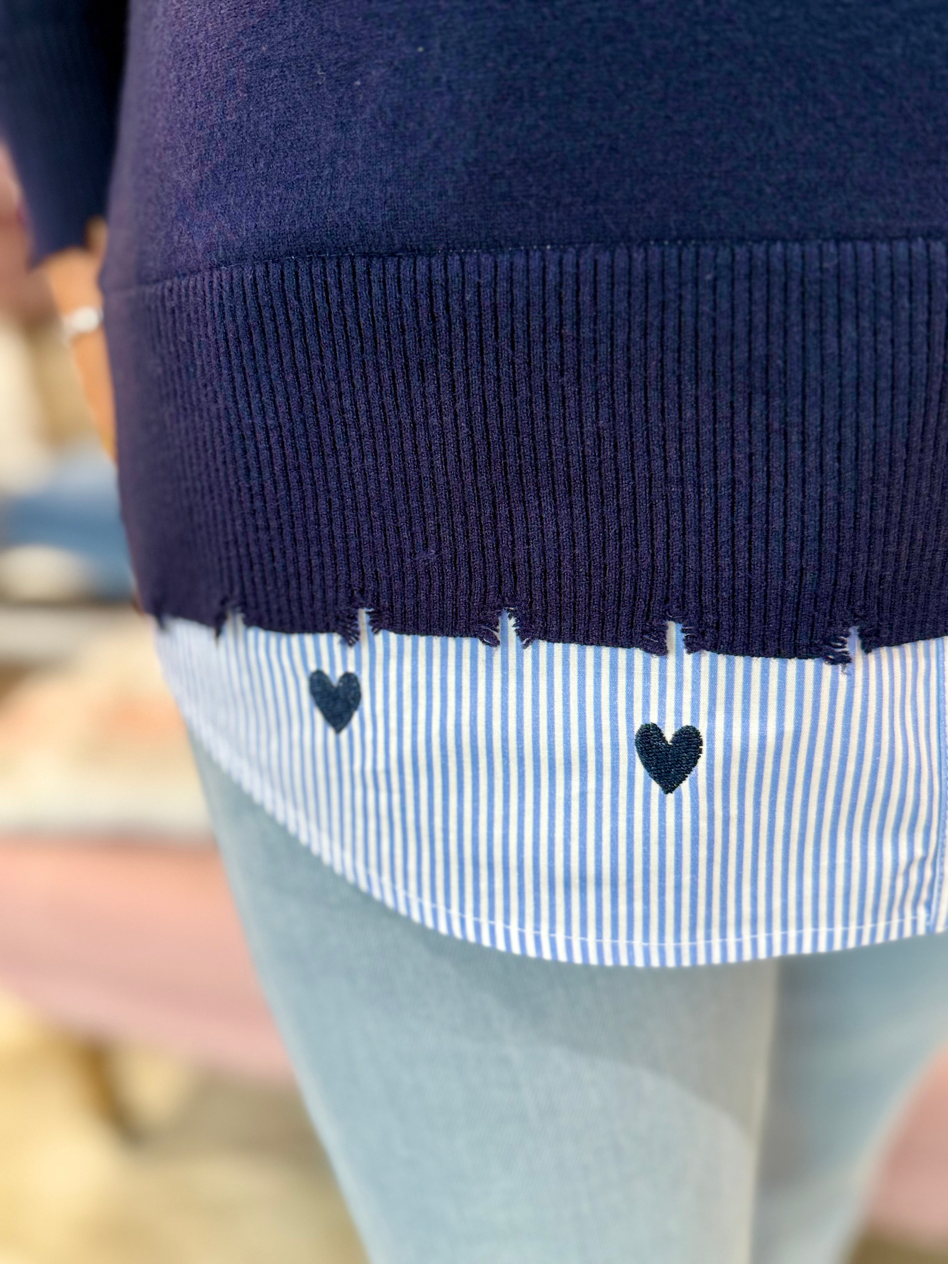 Charlie B V-Neck Fooler Sweater Navy Heart