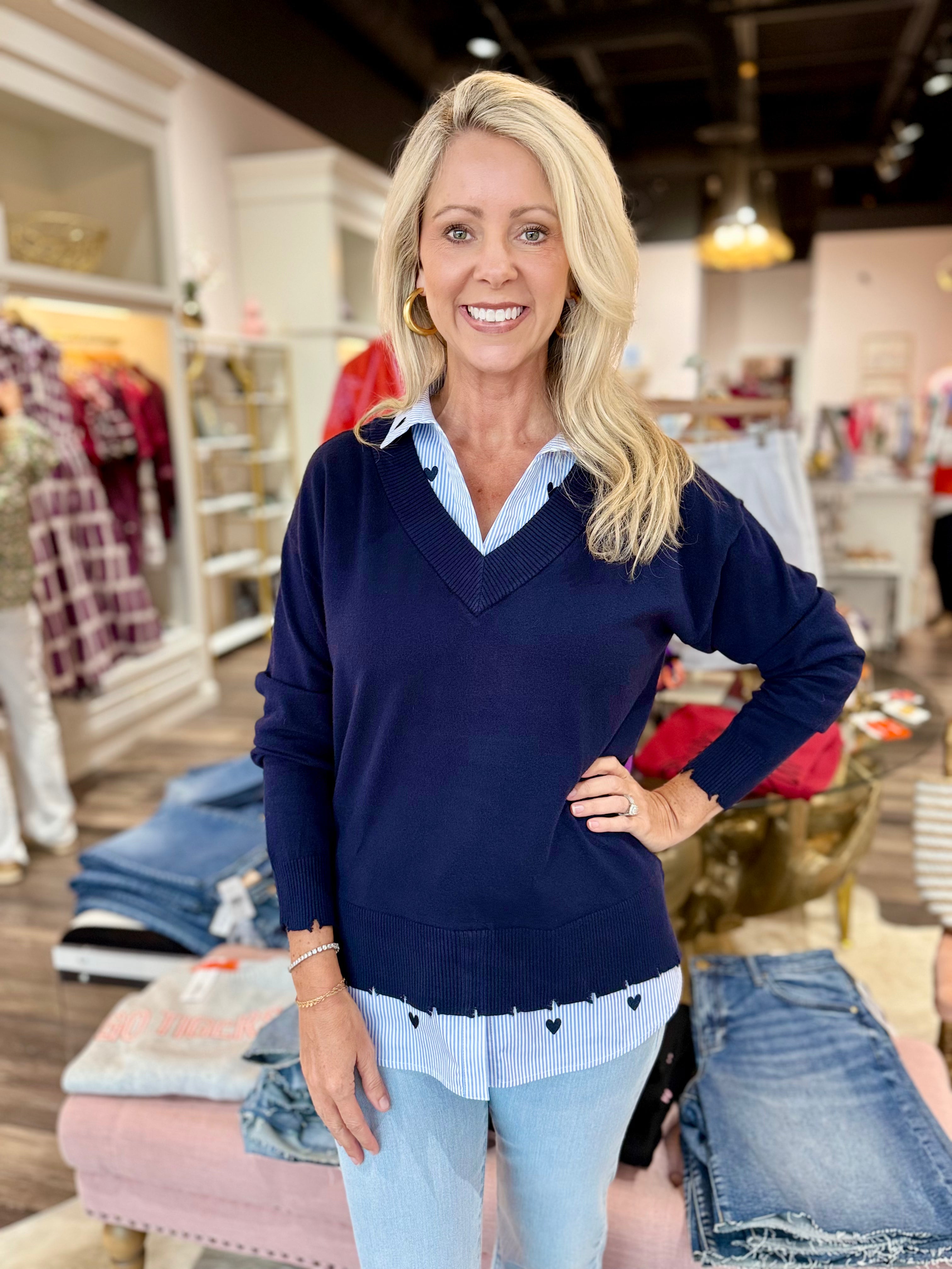 Charlie B V-Neck Fooler Sweater Navy Heart