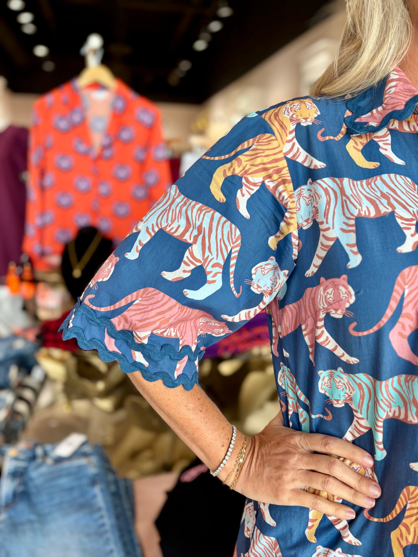 Oliphant Raj Navy Tiger Print Cotton Dress
