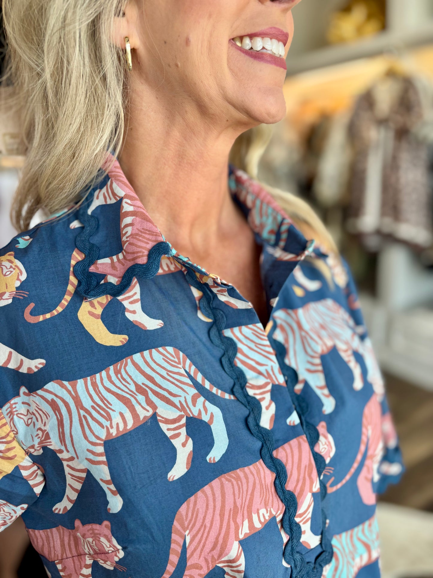 Oliphant Raj Navy Tiger Print Cotton Dress