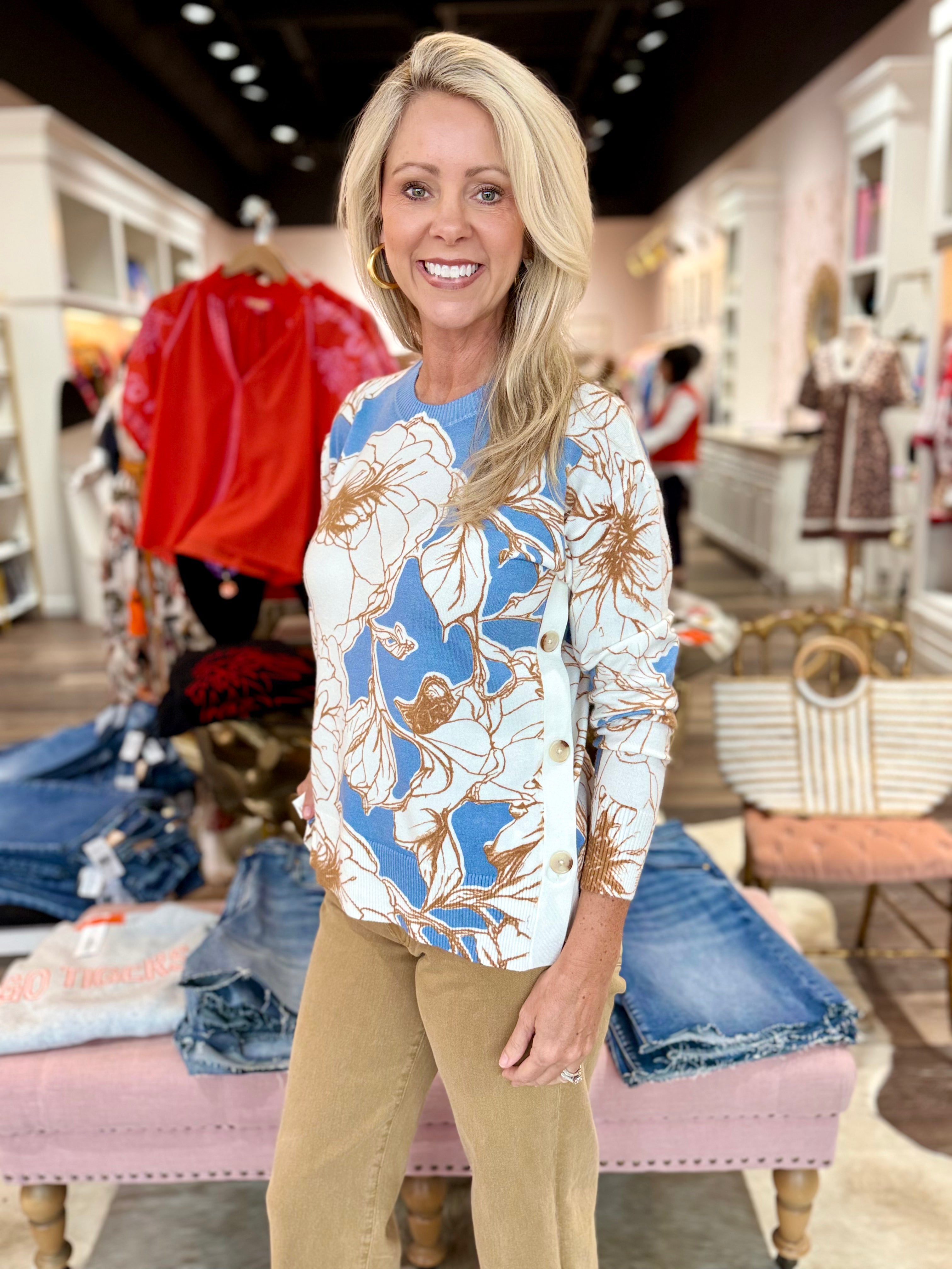 Charlie B Printed Sweater with Side Buttons Brume Mist