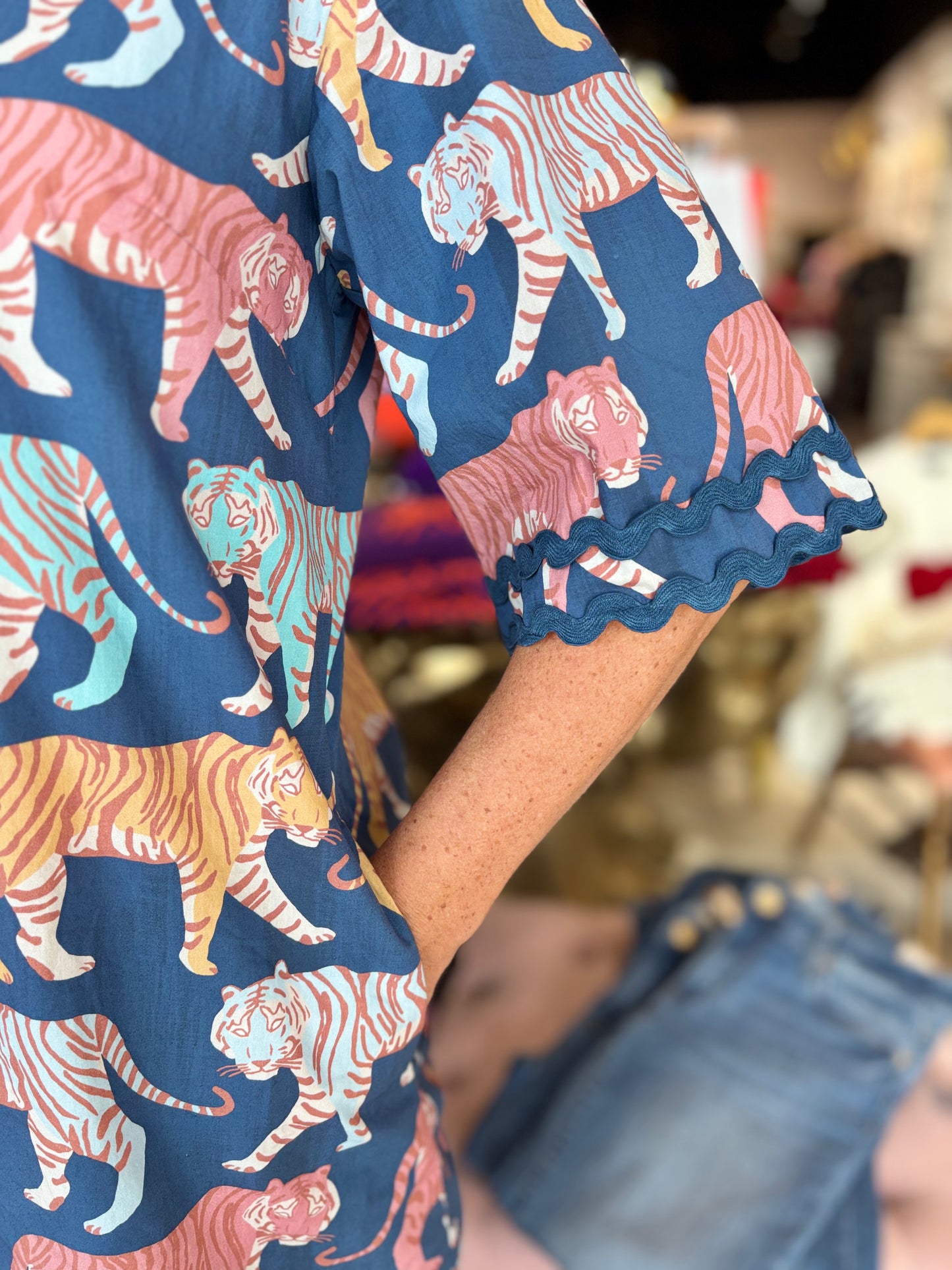 Oliphant Raj Navy Tiger Print Cotton Dress