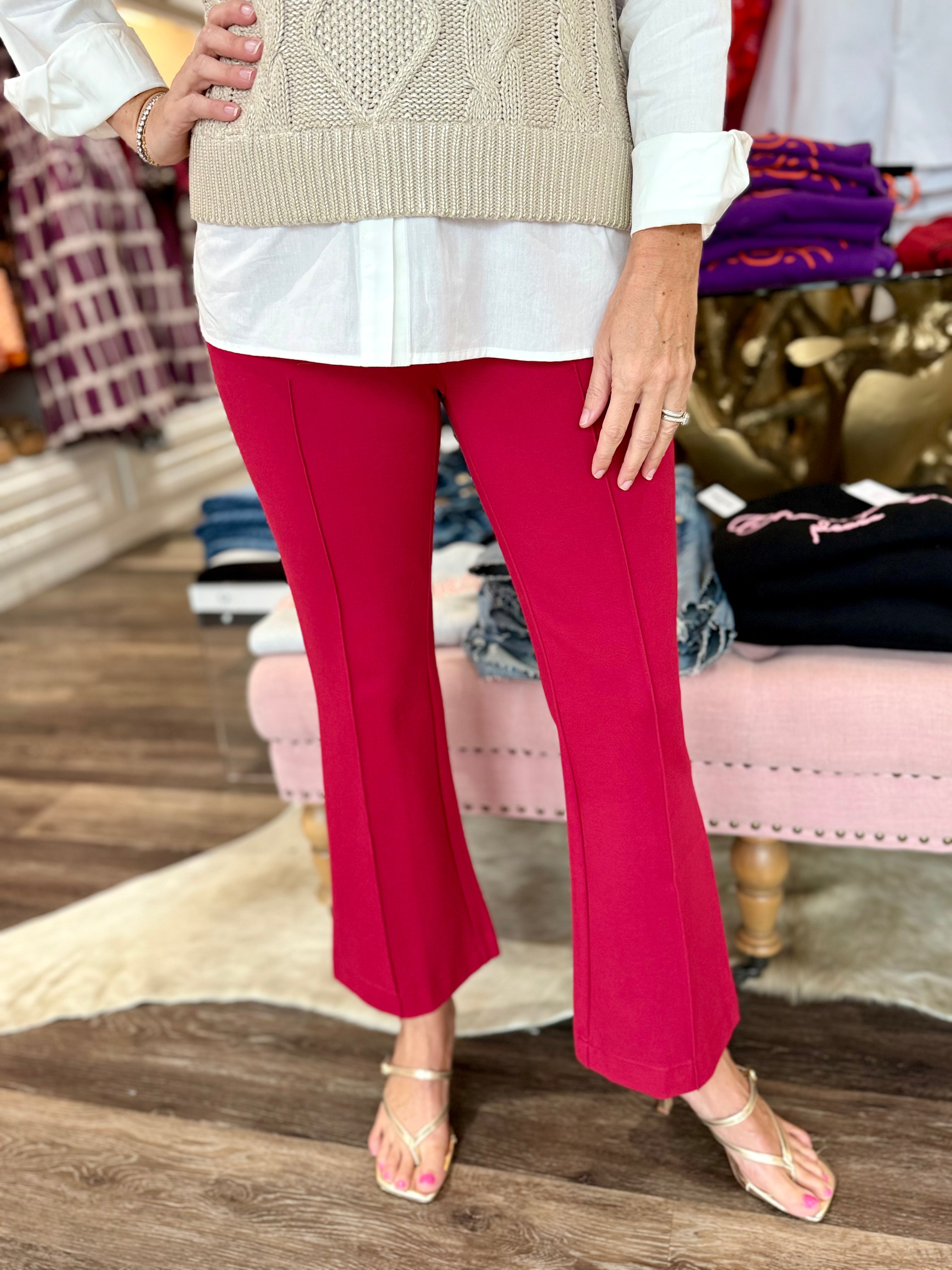 Jade Front Seaming Ponte Bell Ankle Pant Wine