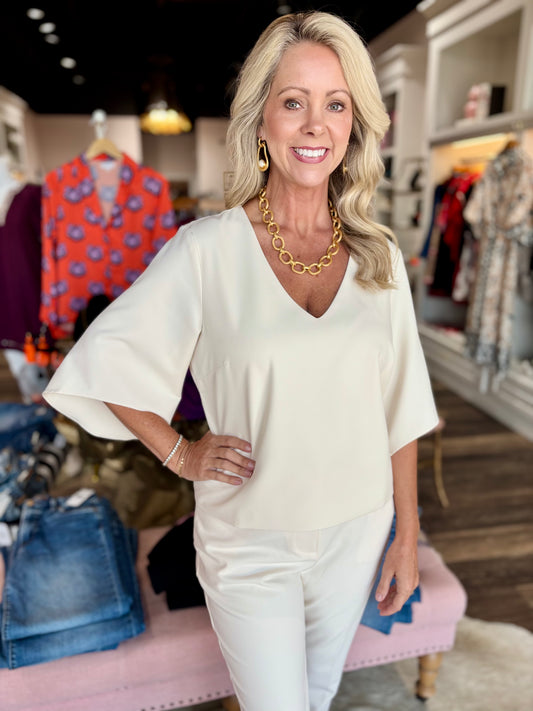 Tribal Signature Crepe Flutter Sleeve V-Neck Blouse