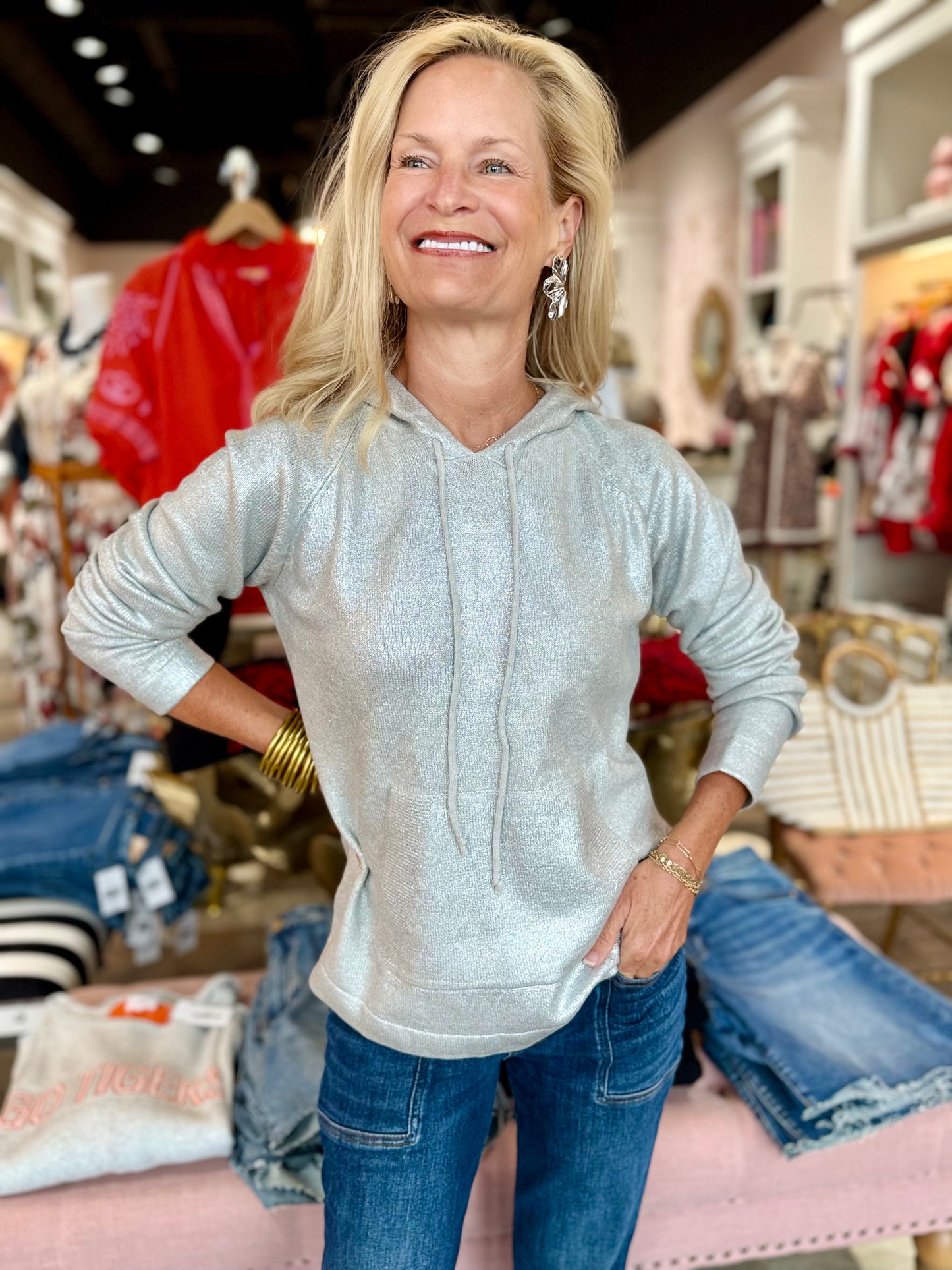 Charlie B Plush Knit Hoodie Sweater Silver Shimmer
