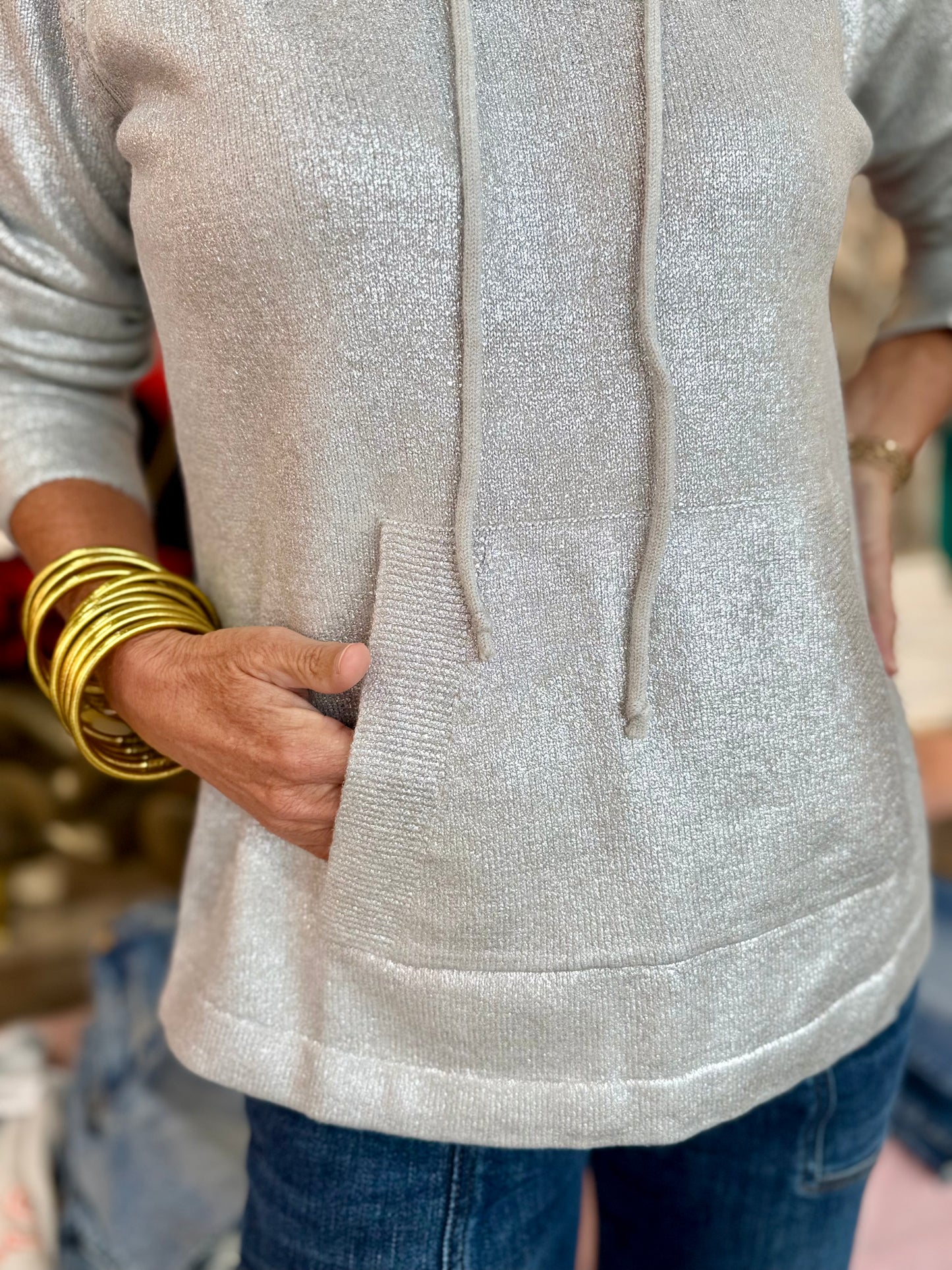 Charlie B Plush Knit Hoodie Sweater Silver Shimmer