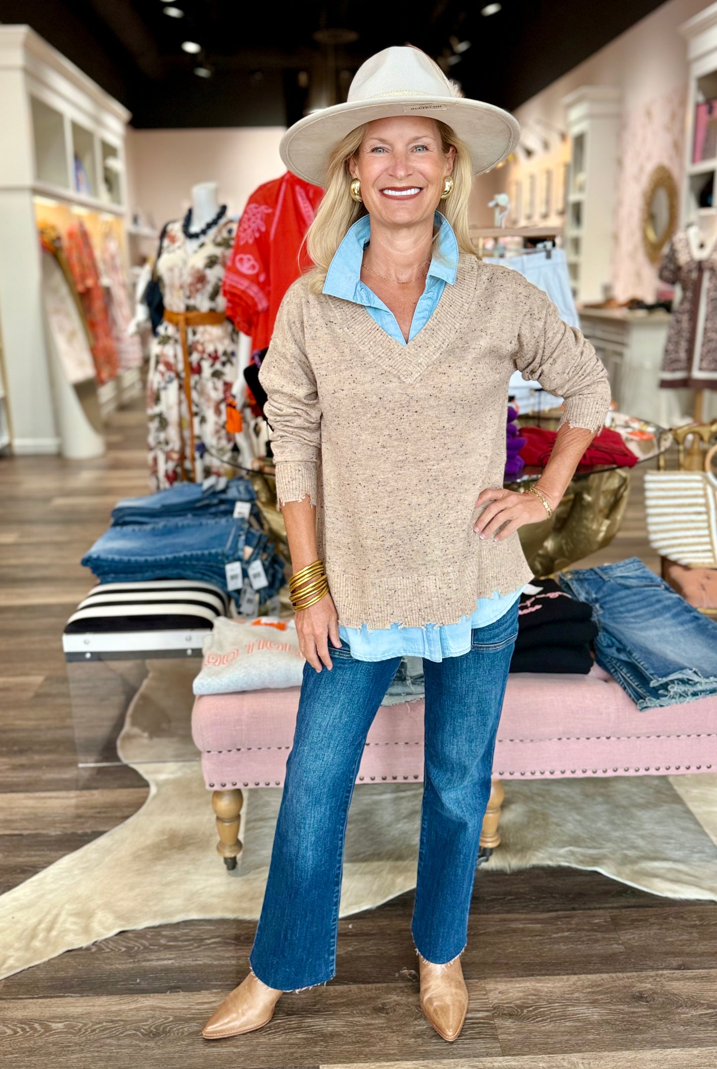 Charlie B V-Neck Fooler Sweater Oat Flecks