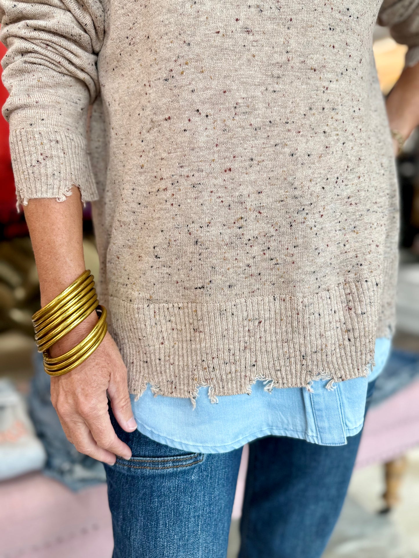 Charlie B V-Neck Fooler Sweater Oat Flecks