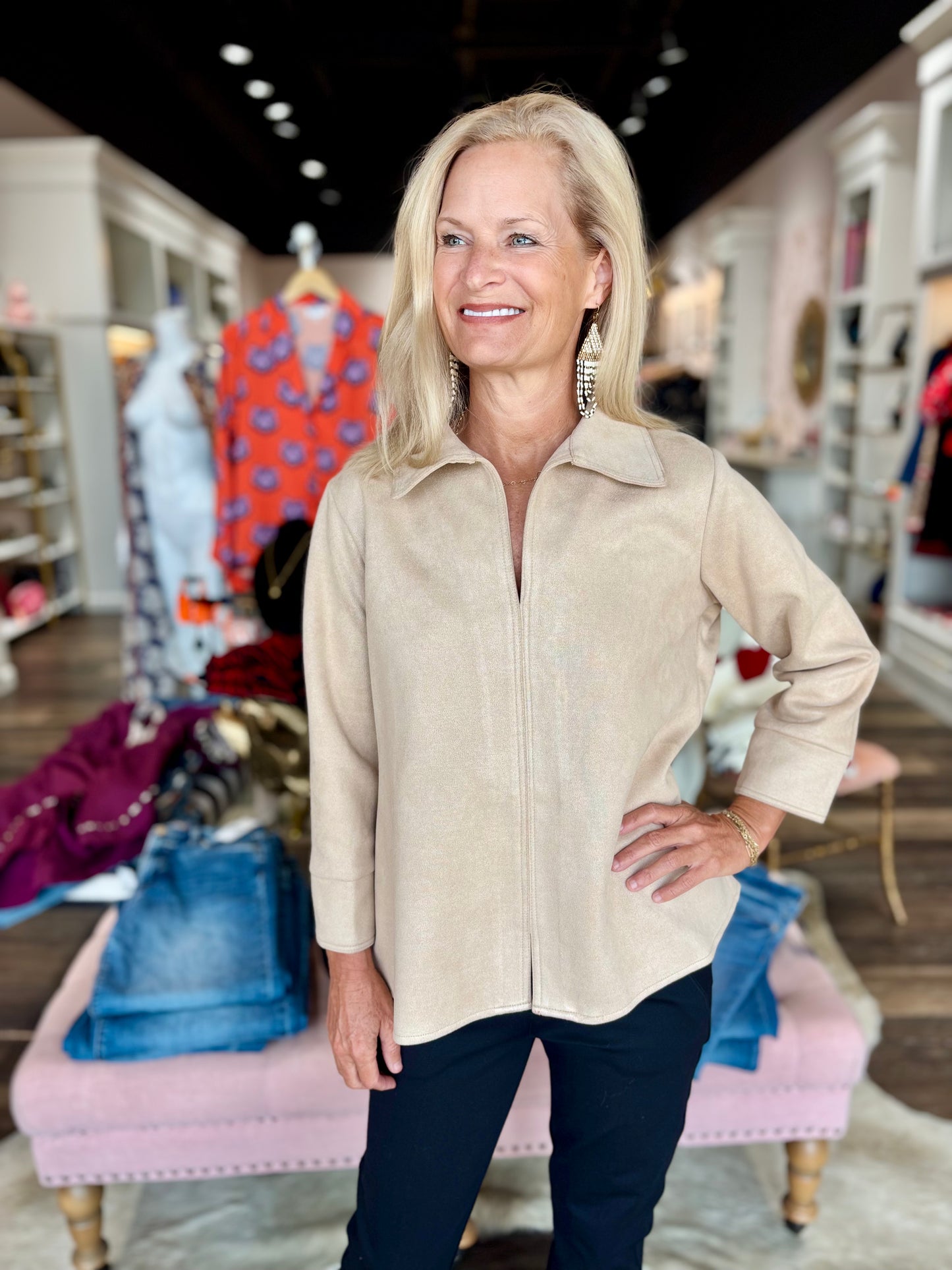Boho Chic Taupe Suede V-Neck Blouse