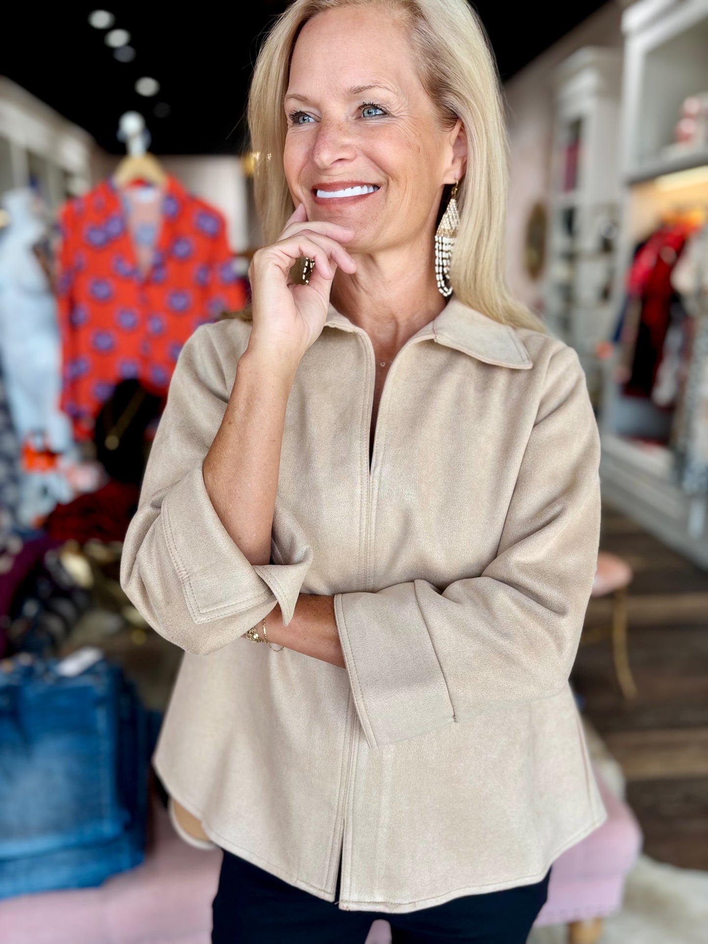 Boho Chic Taupe Suede V-Neck Blouse