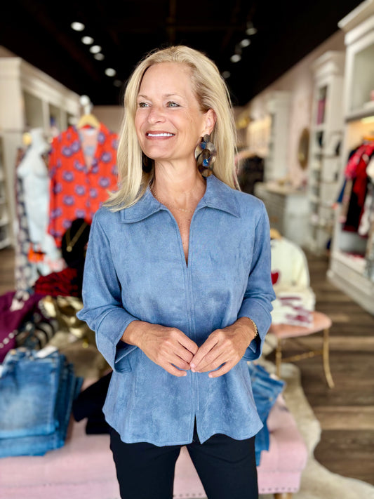 Boho Chic Blue Suede V-Neck Blouse