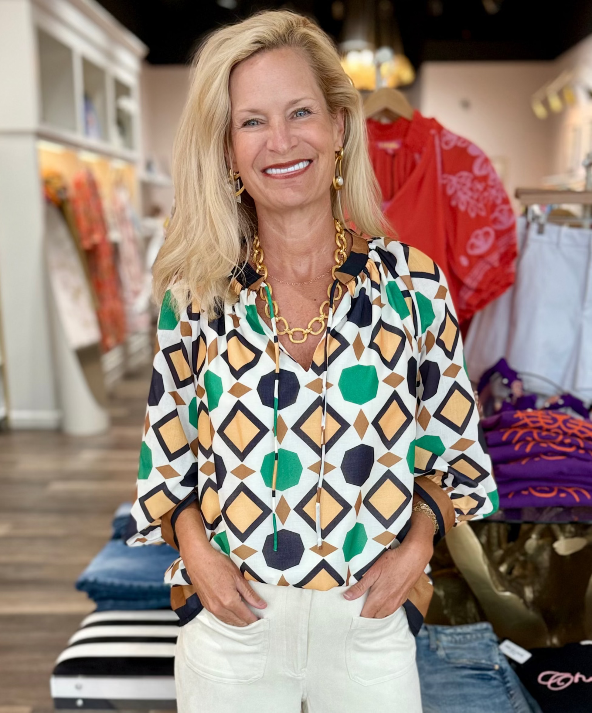 Jade Band Collar Peasant Top Geo Border