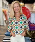 Jade Band Collar Peasant Top Geo Border