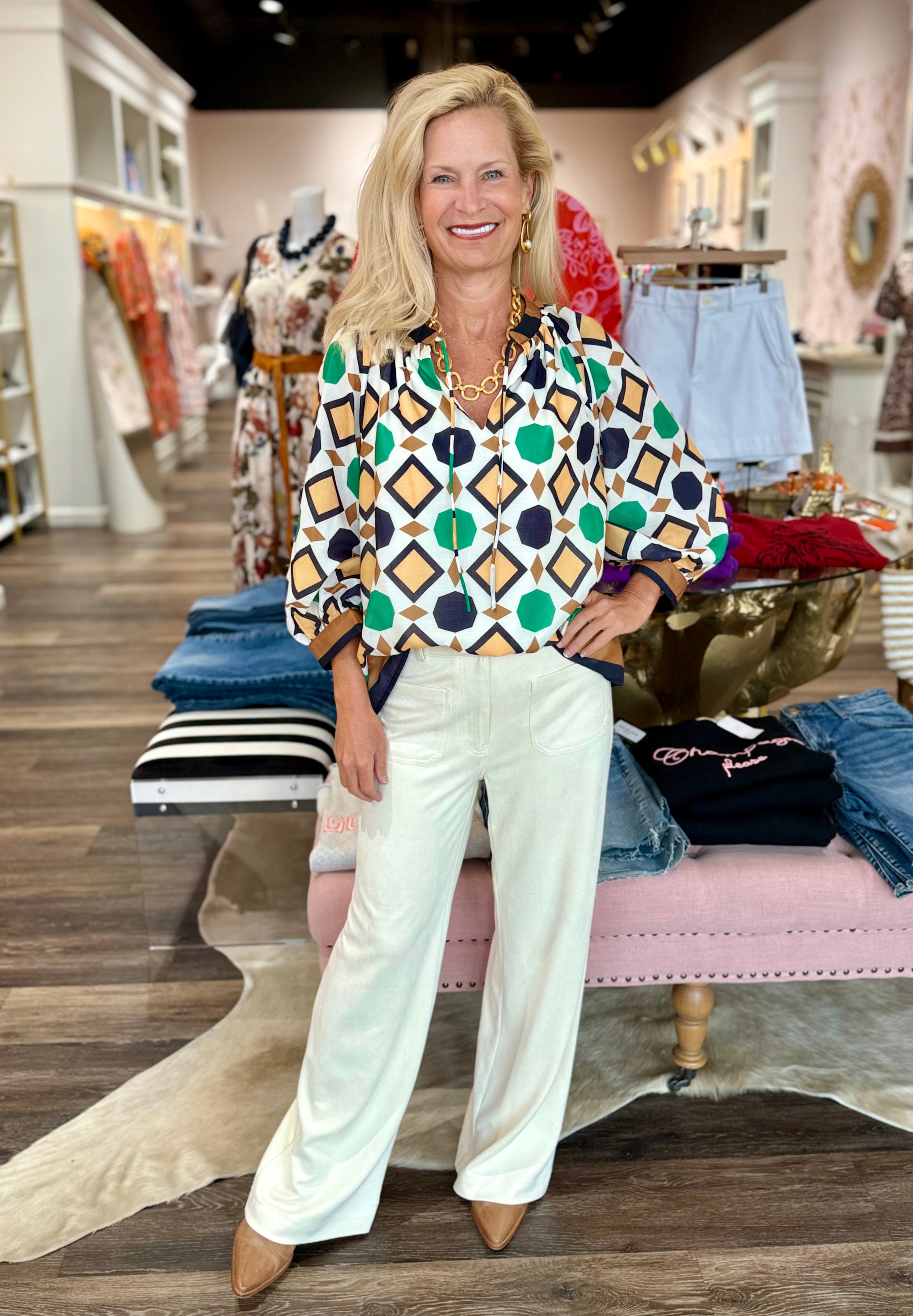 Jade Band Collar Peasant Top Geo Border