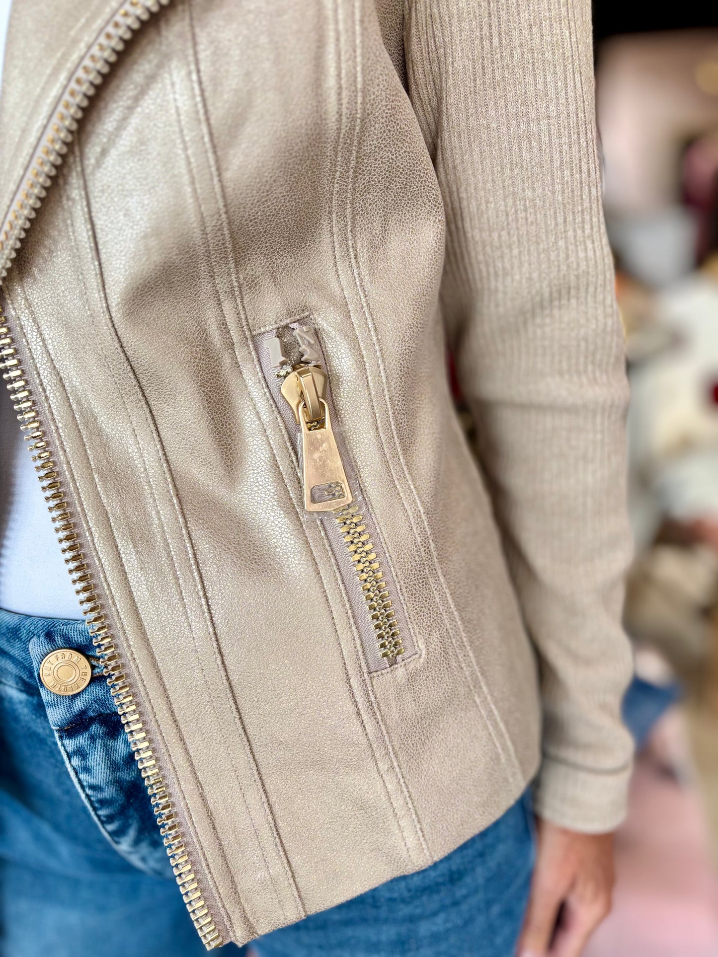 Charlie B Vintage Metallic Faux Leather And Rib Knit Jacket - Brass