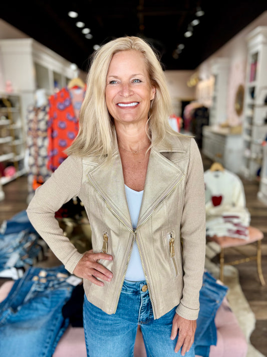 Charlie B Vintage Metallic Faux Leather And Rib Knit Jacket - Brass