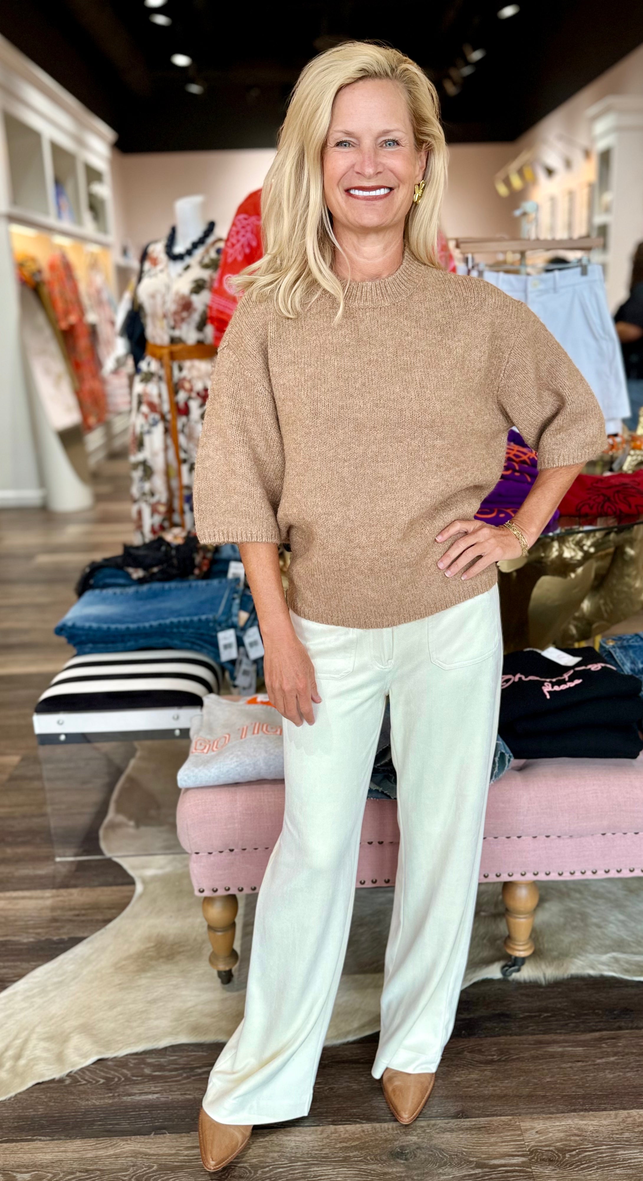Faux Suede Wide Leg Pant Cream