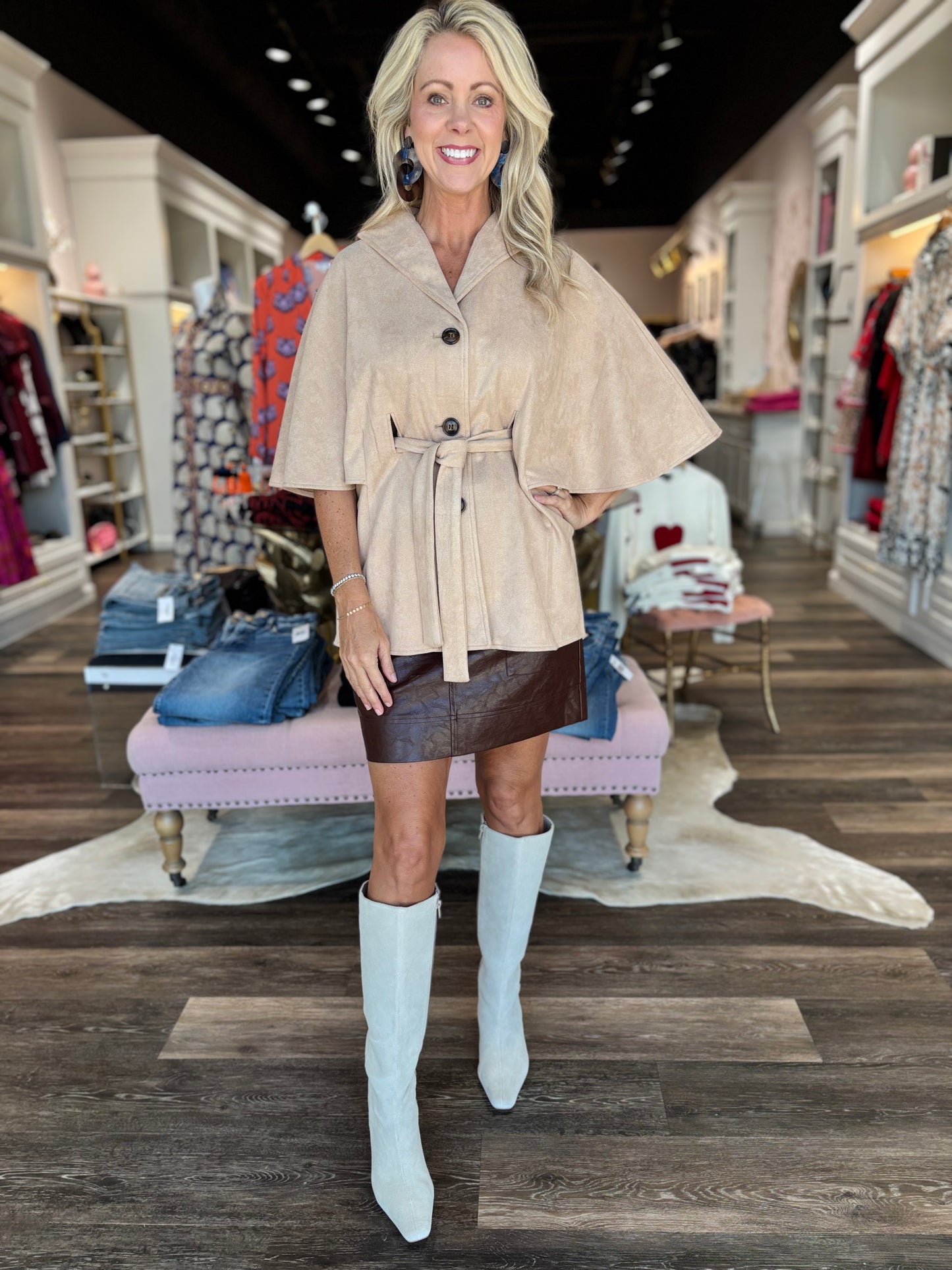 Boho Chic Taupe Belted Suede Cape