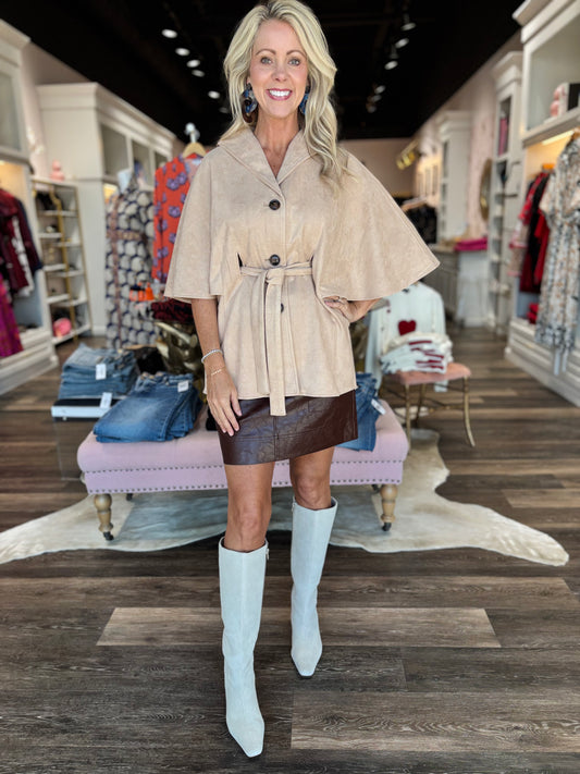 Boho Chic Taupe Belted Suede Cape