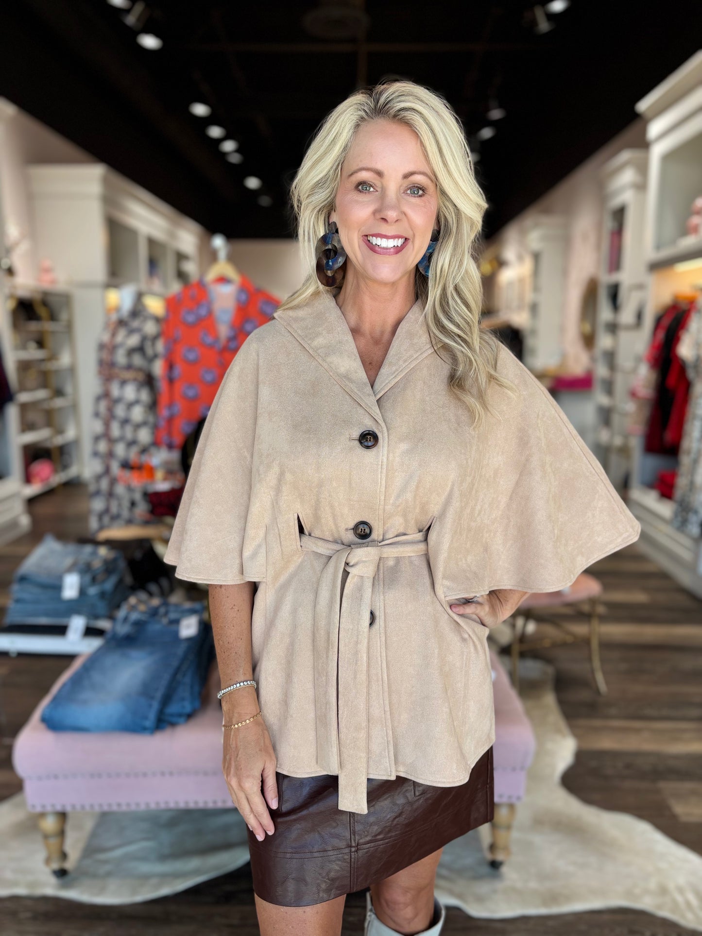 Boho Chic Taupe Belted Suede Cape