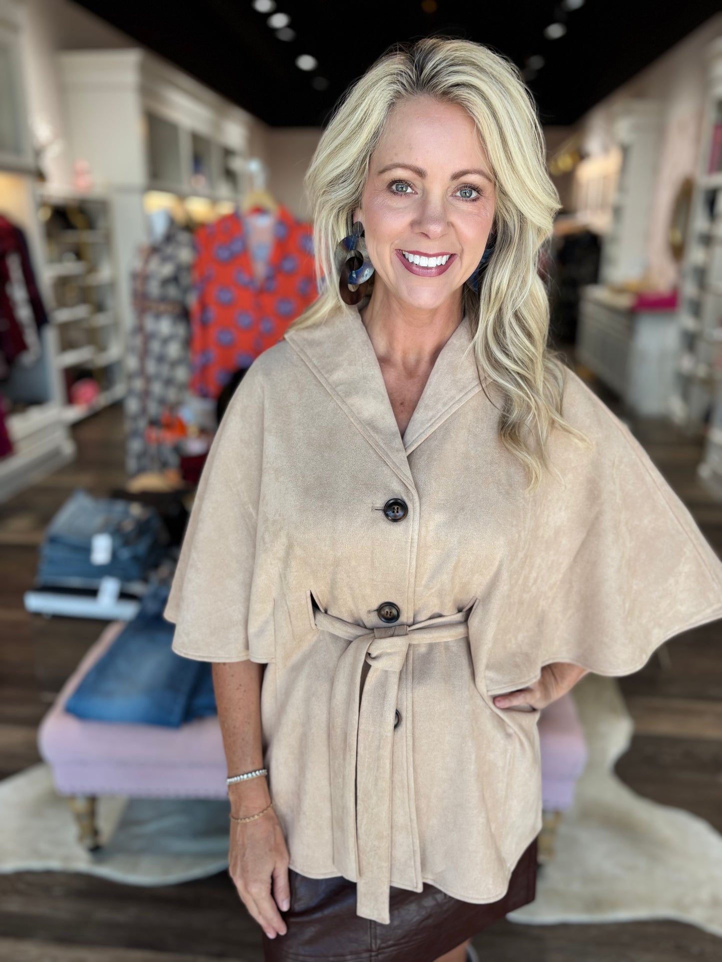 Boho Chic Taupe Belted Suede Cape