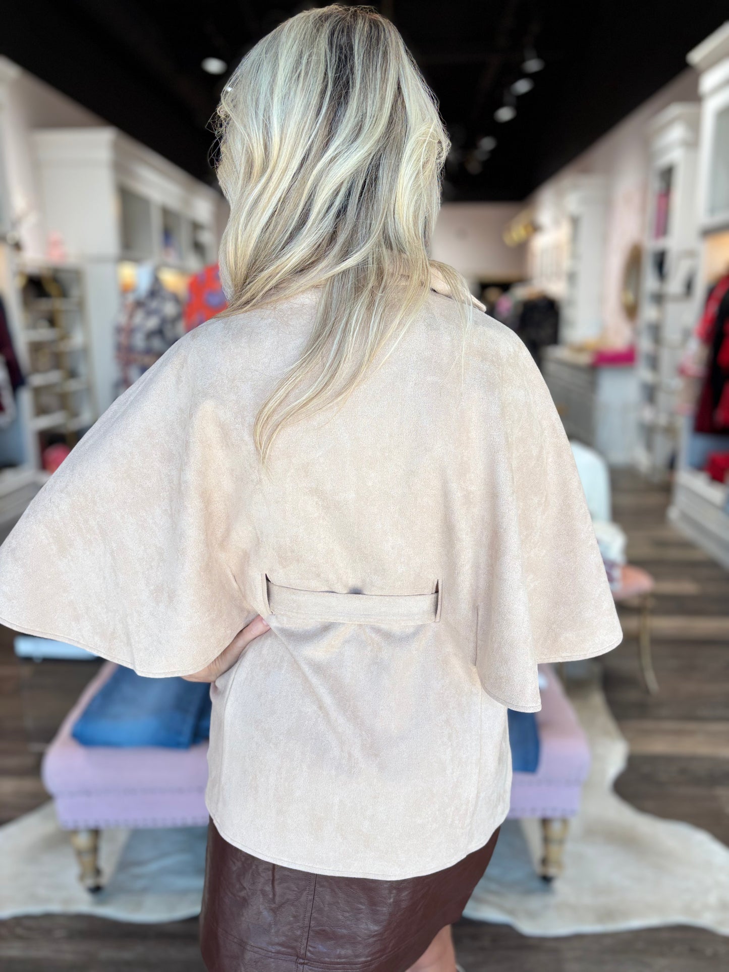 Boho Chic Taupe Belted Suede Cape