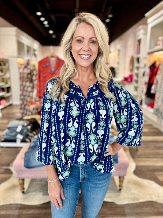 Janelle Top Ikat Stripe Navy