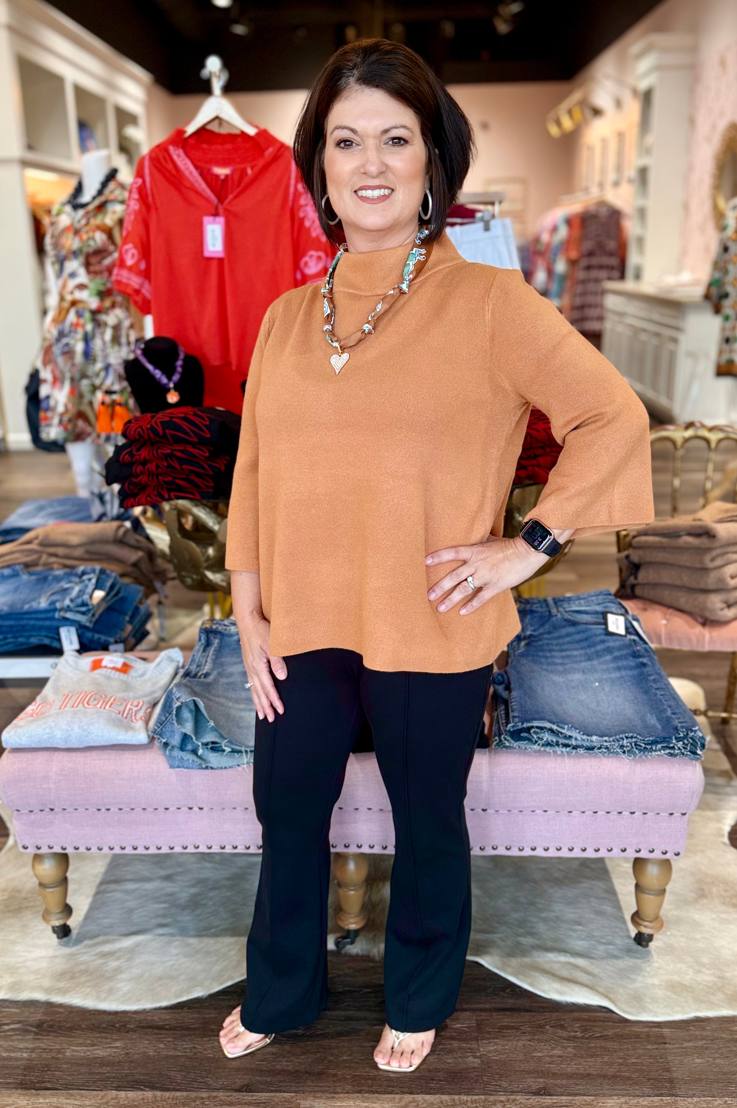 Mock Neck Bell Sleeve Sweater Soft Camel
