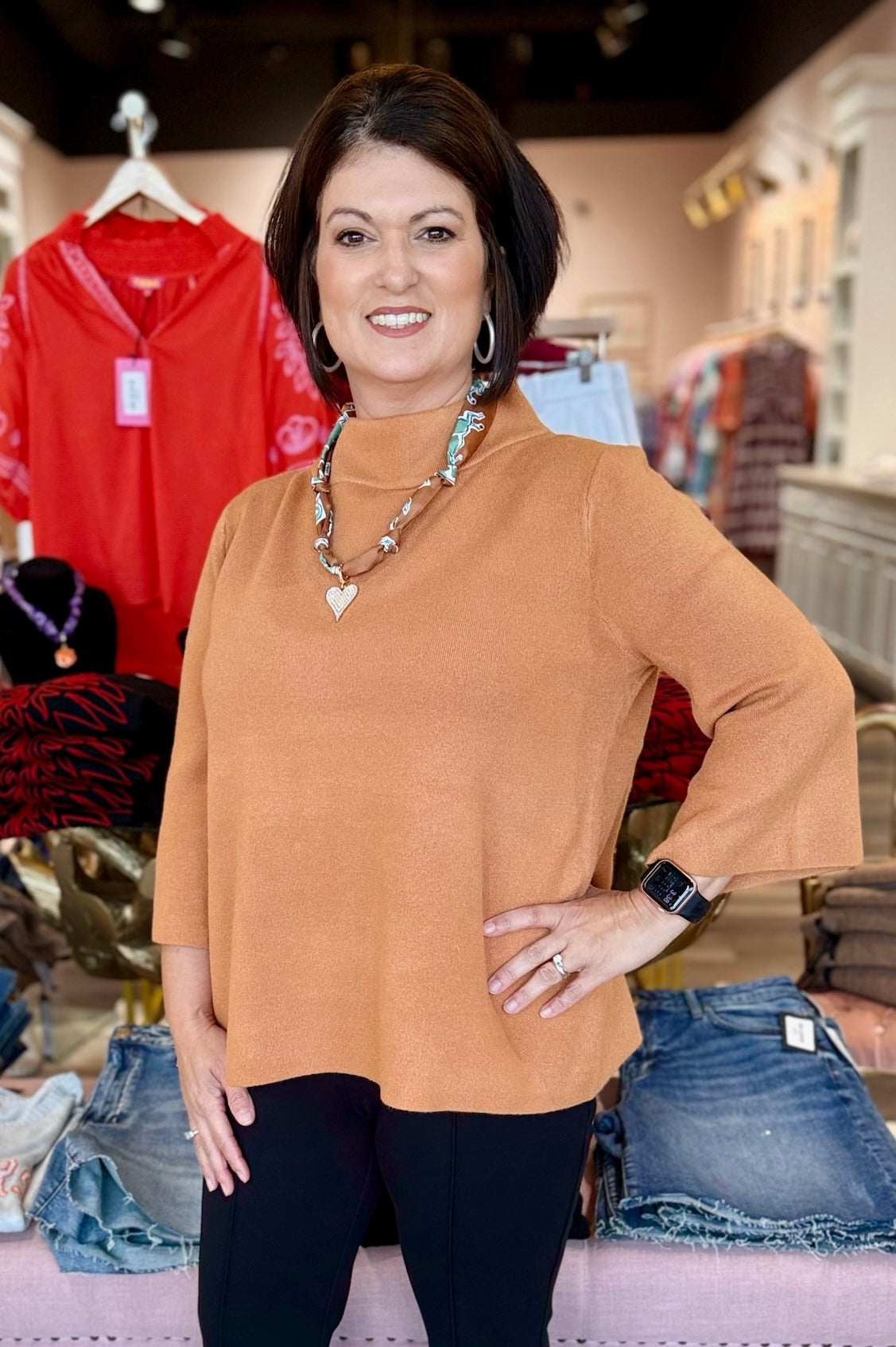 Mock Neck Bell Sleeve Sweater Soft Camel