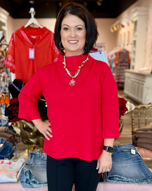 Mock Neck Bell Sleeve Sweater Red