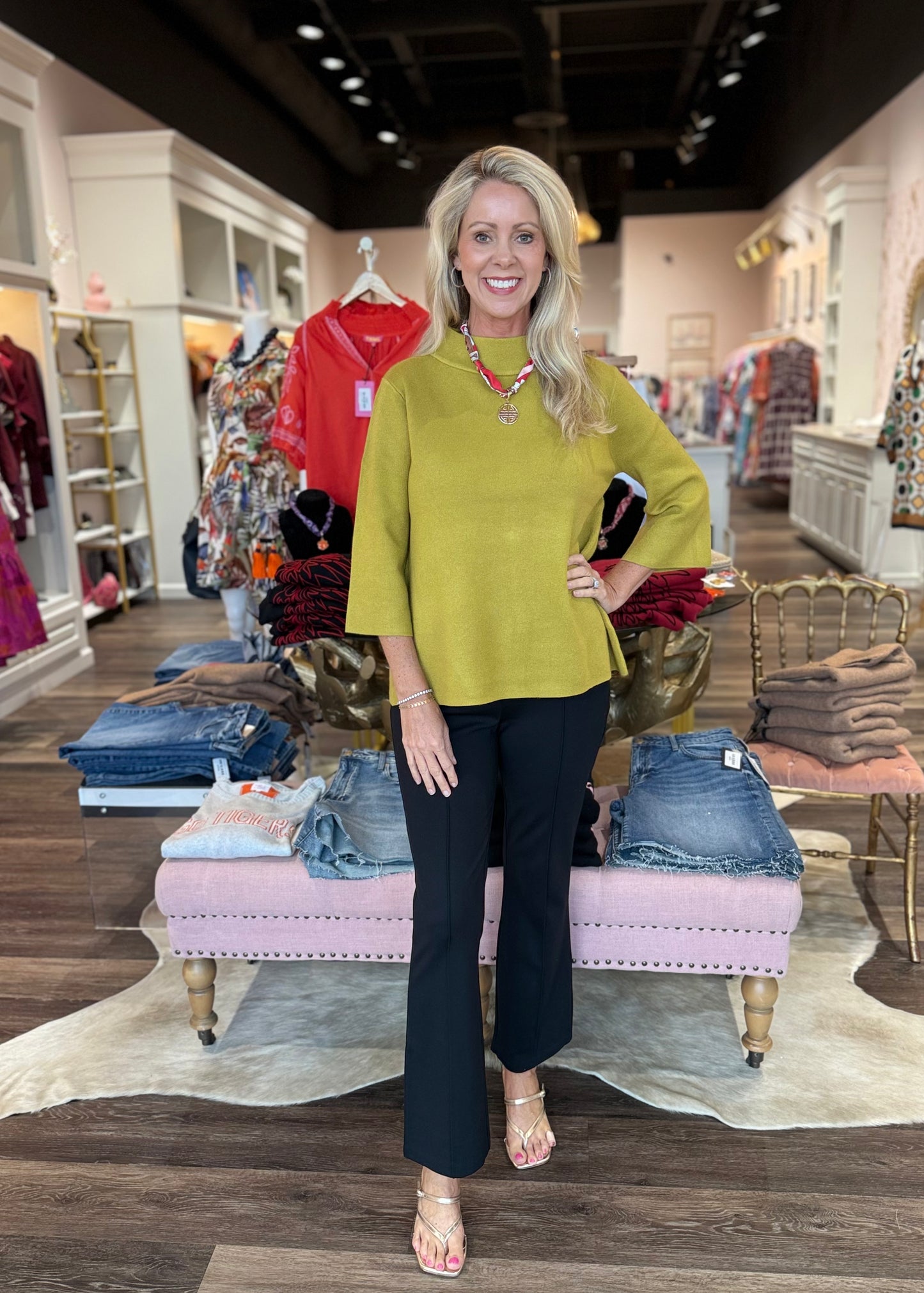 Mock Neck Bell Sleeve Sweater Dark Citron