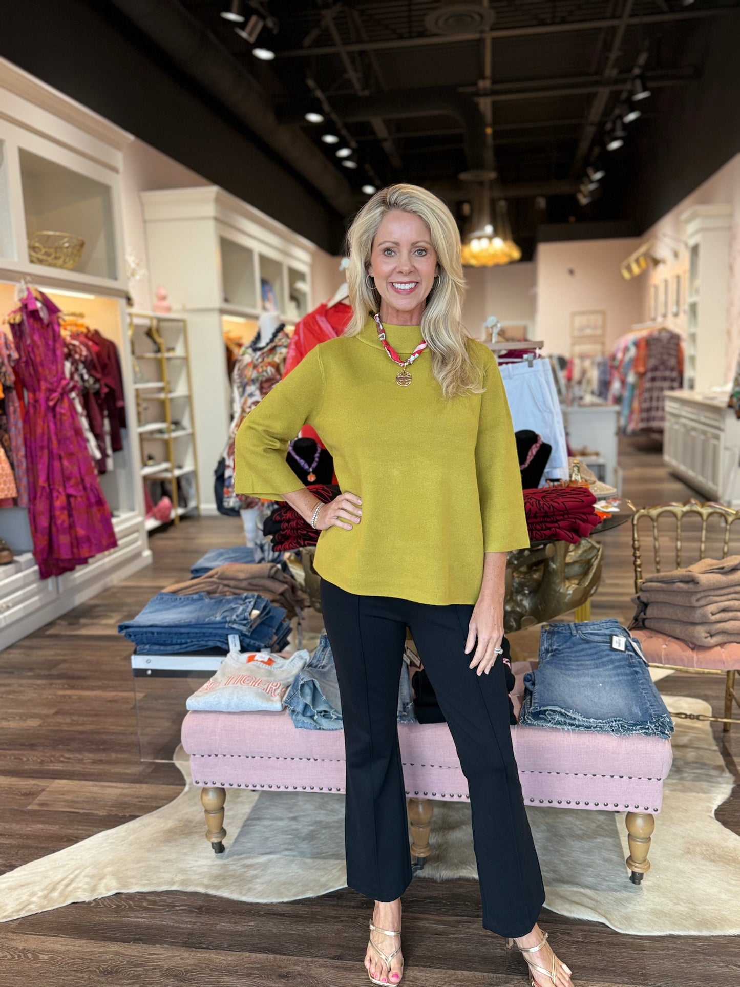 Mock Neck Bell Sleeve Sweater Dark Citron