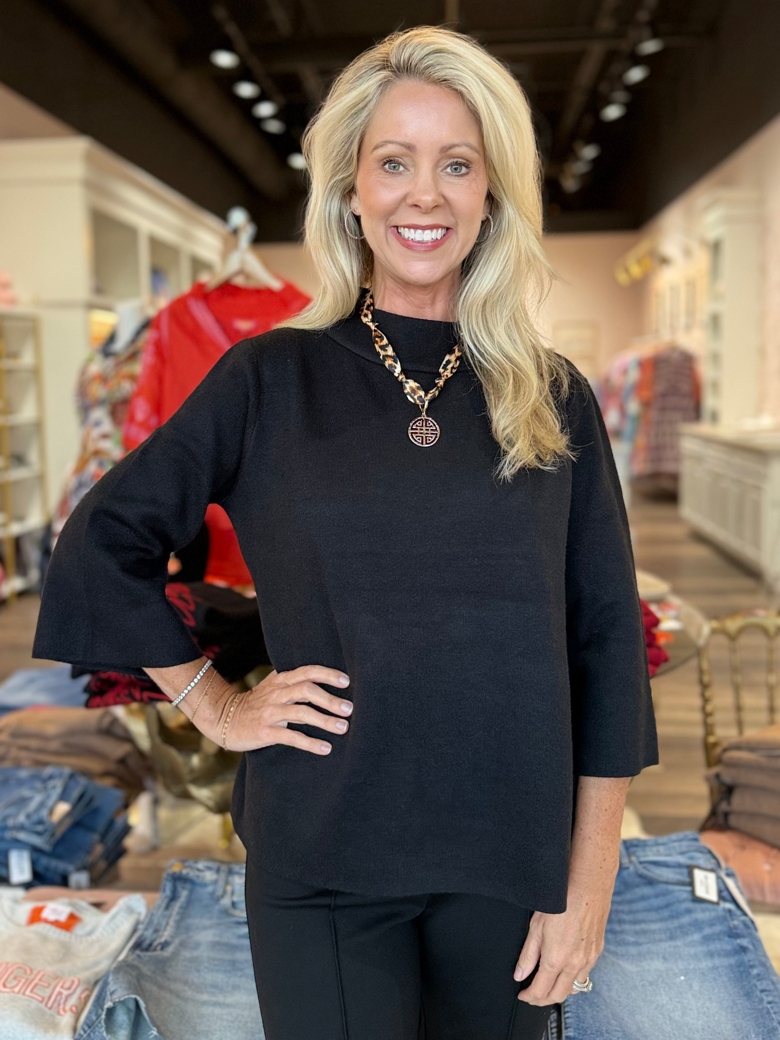 Mock Neck Bell Sleeve Sweater Black