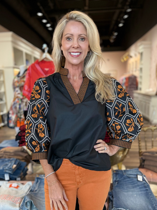 Embroidered 3/4 Sleeve Blouse Black Floral