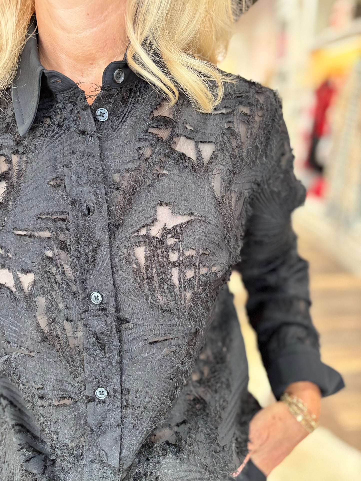 Charlie B Long Sleeved Fancy Chiffon Buttoned Shirt Black