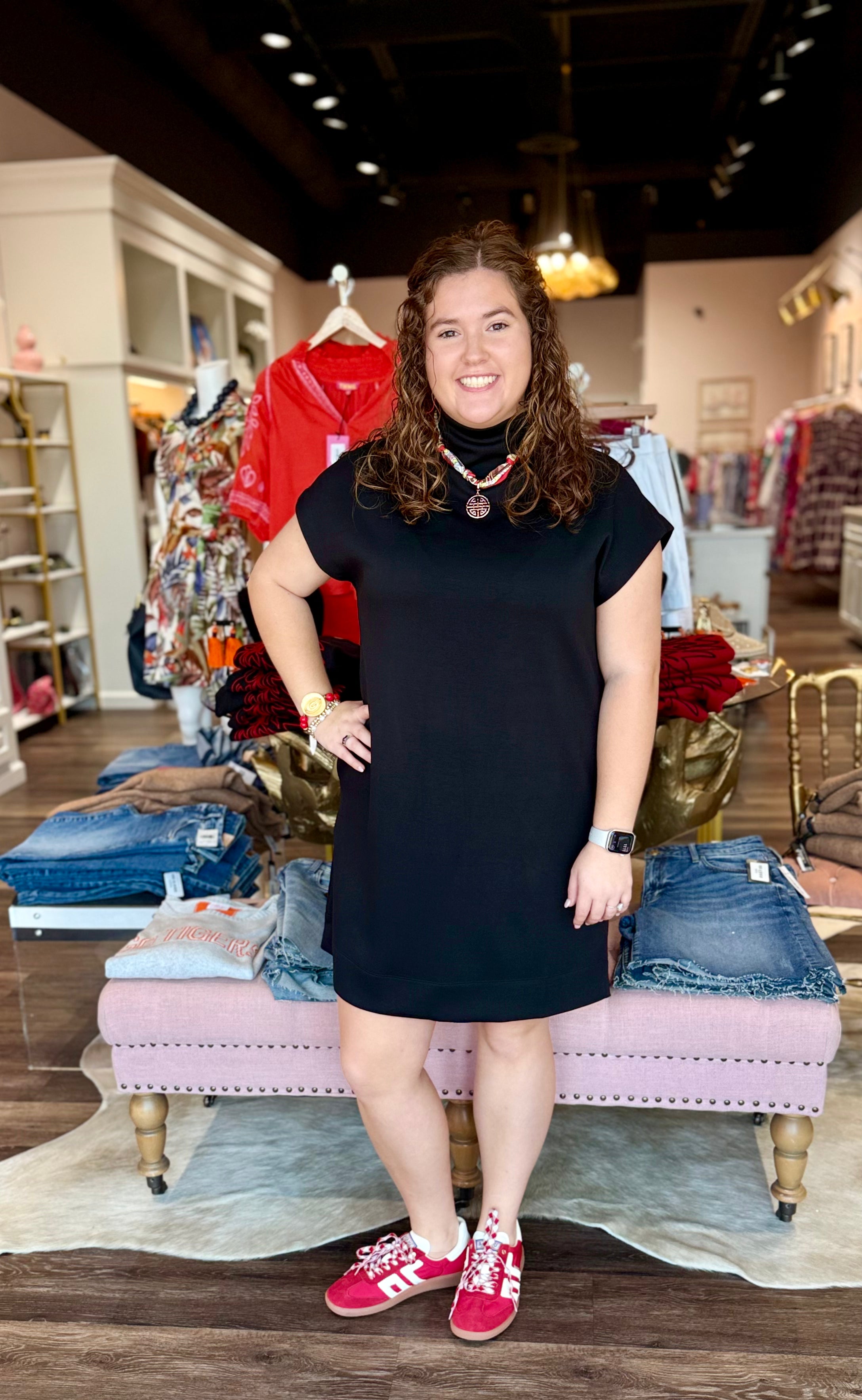 Mock Neck Short Dress with Pockets Black
