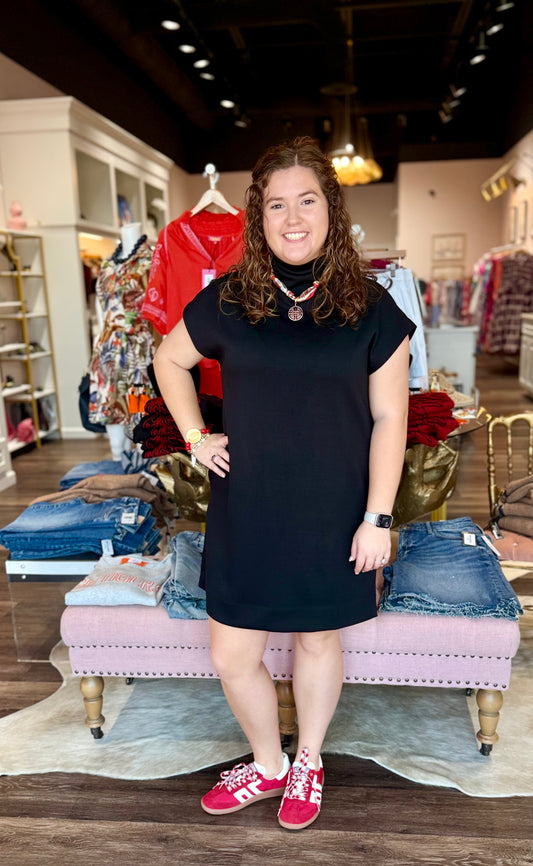 Mock Neck Short Dress with Pockets Black
