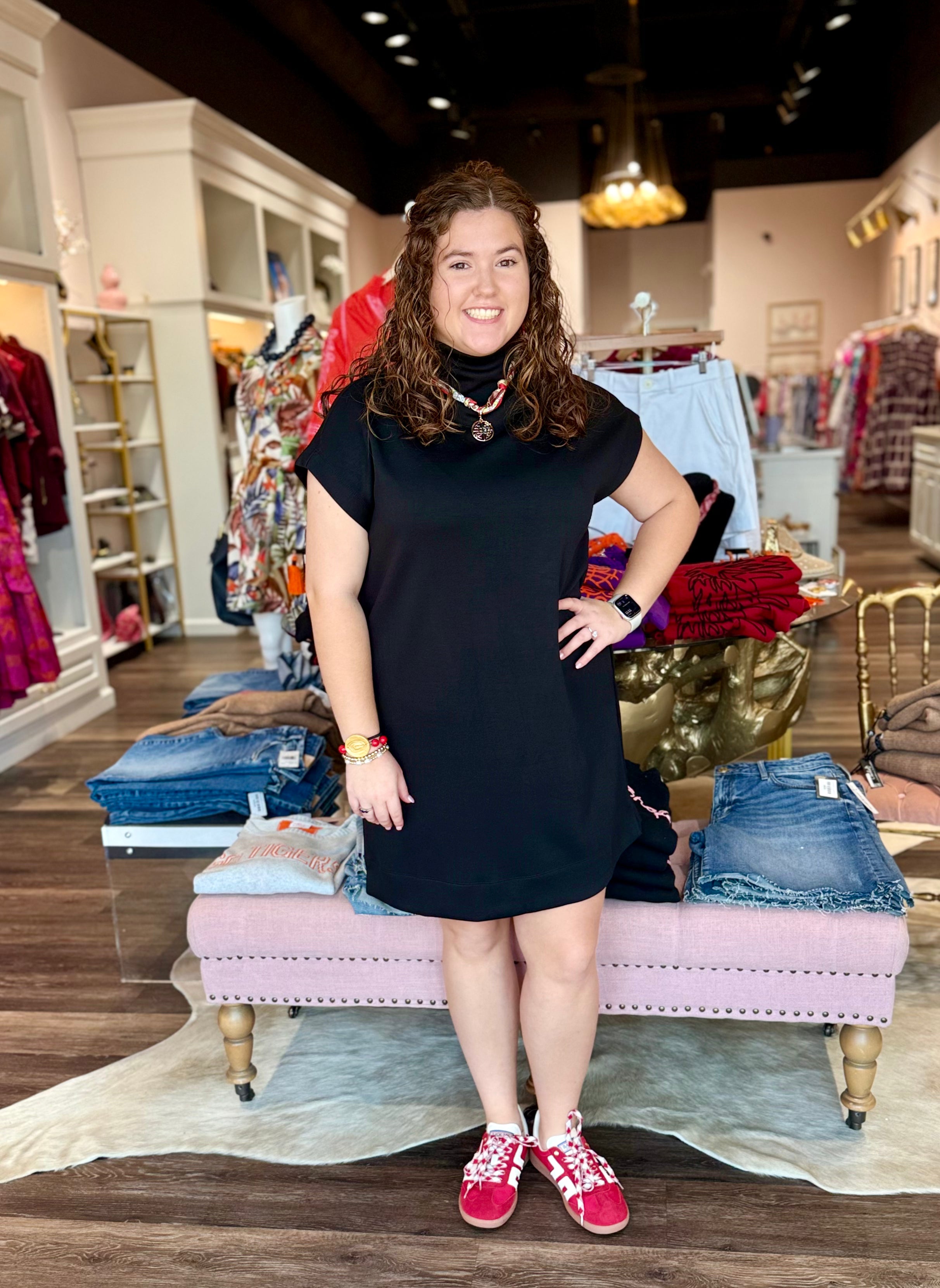 Mock Neck Short Dress with Pockets Black
