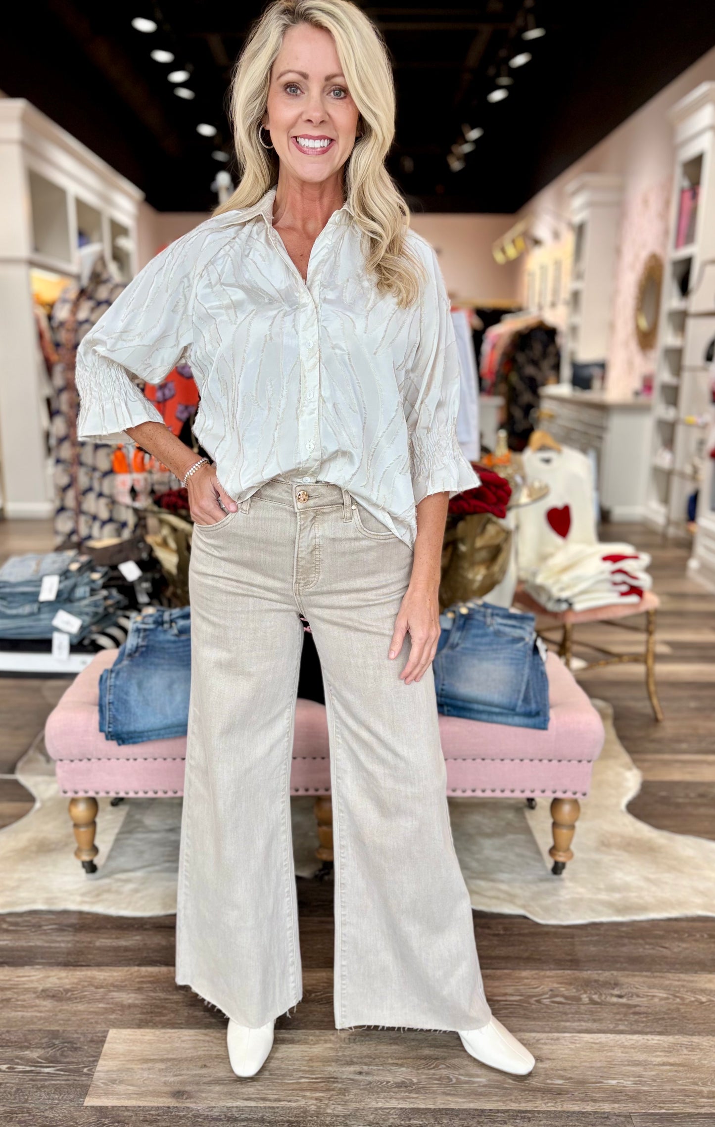 Risen High Rise Tummy Control Lurex Taupe Jeans