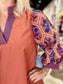 Embroidered 3/4 Sleeve Dress Rust