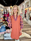 Embroidered 3/4 Sleeve Dress Rust