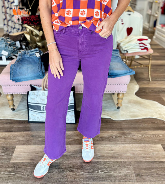 Purple Cropped Kick Flare Jeans