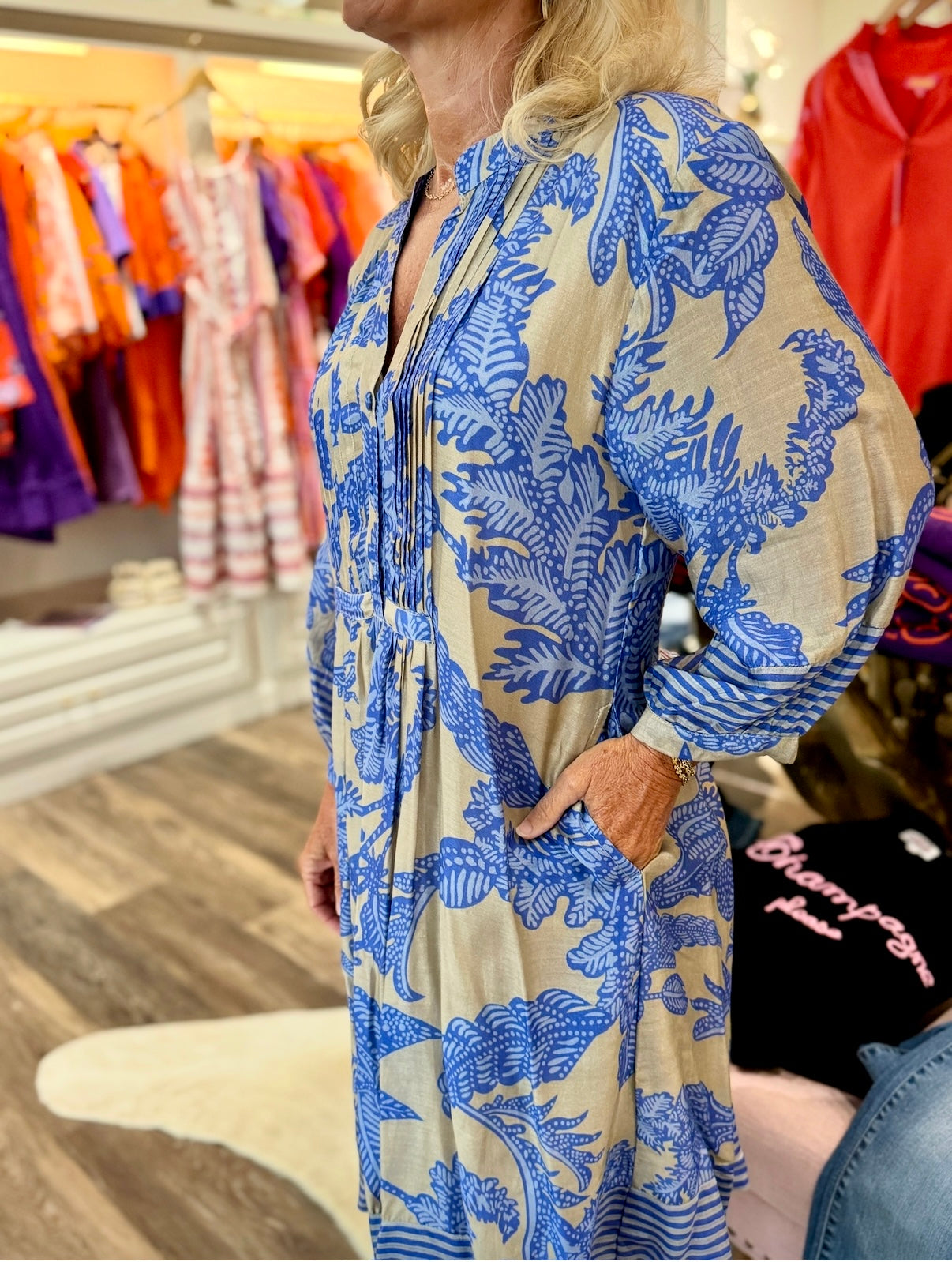 La Plage Vineyard Dress Bali Floral Taupe/Blues