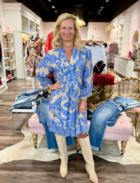 La Plage Vineyard Dress Bali Floral Taupe/Blues