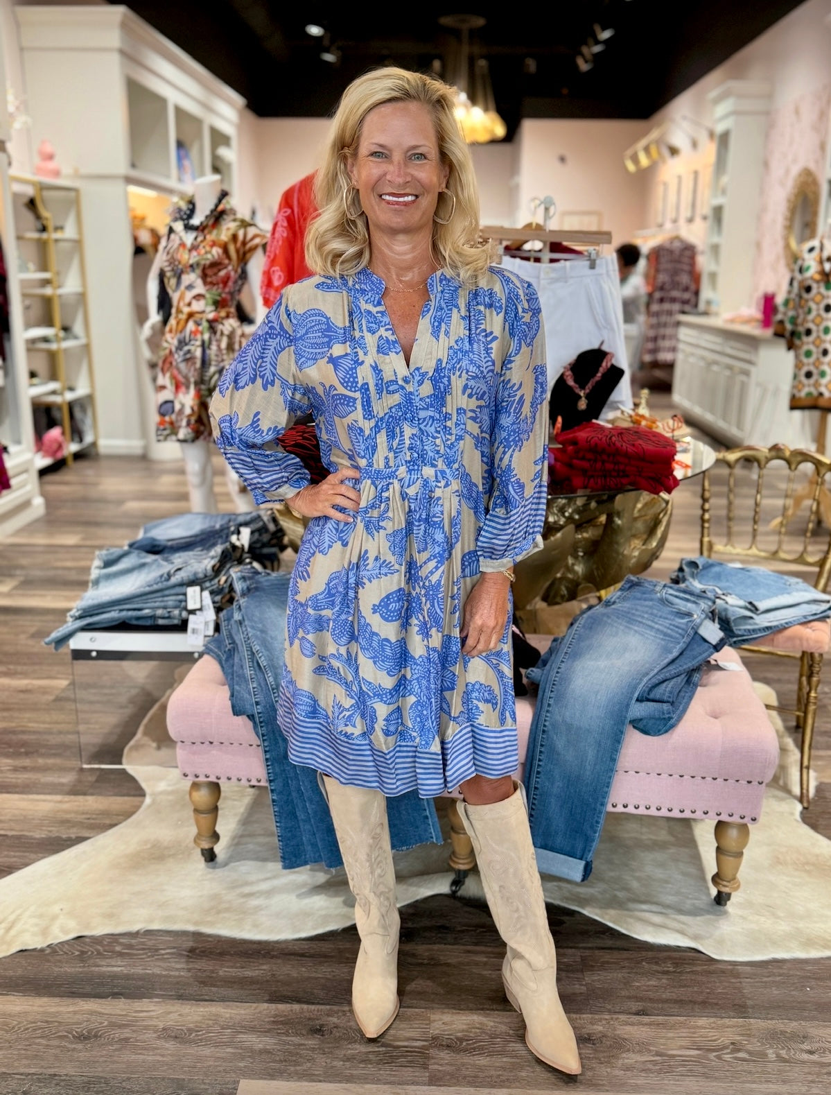 La Plage Vineyard Dress Bali Floral Taupe/Blues
