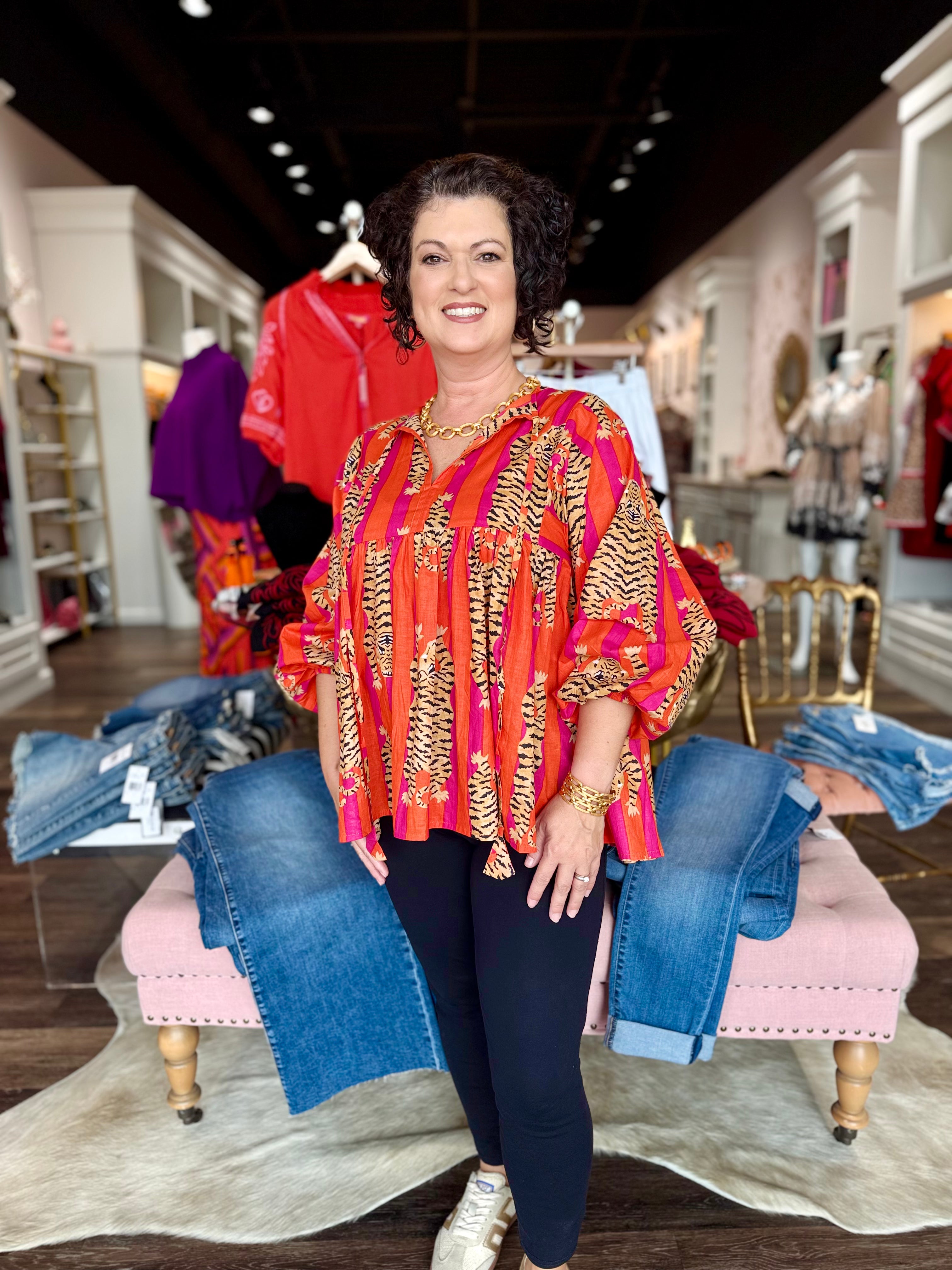 Orange Stripes Tiger Short Block Print Blouse