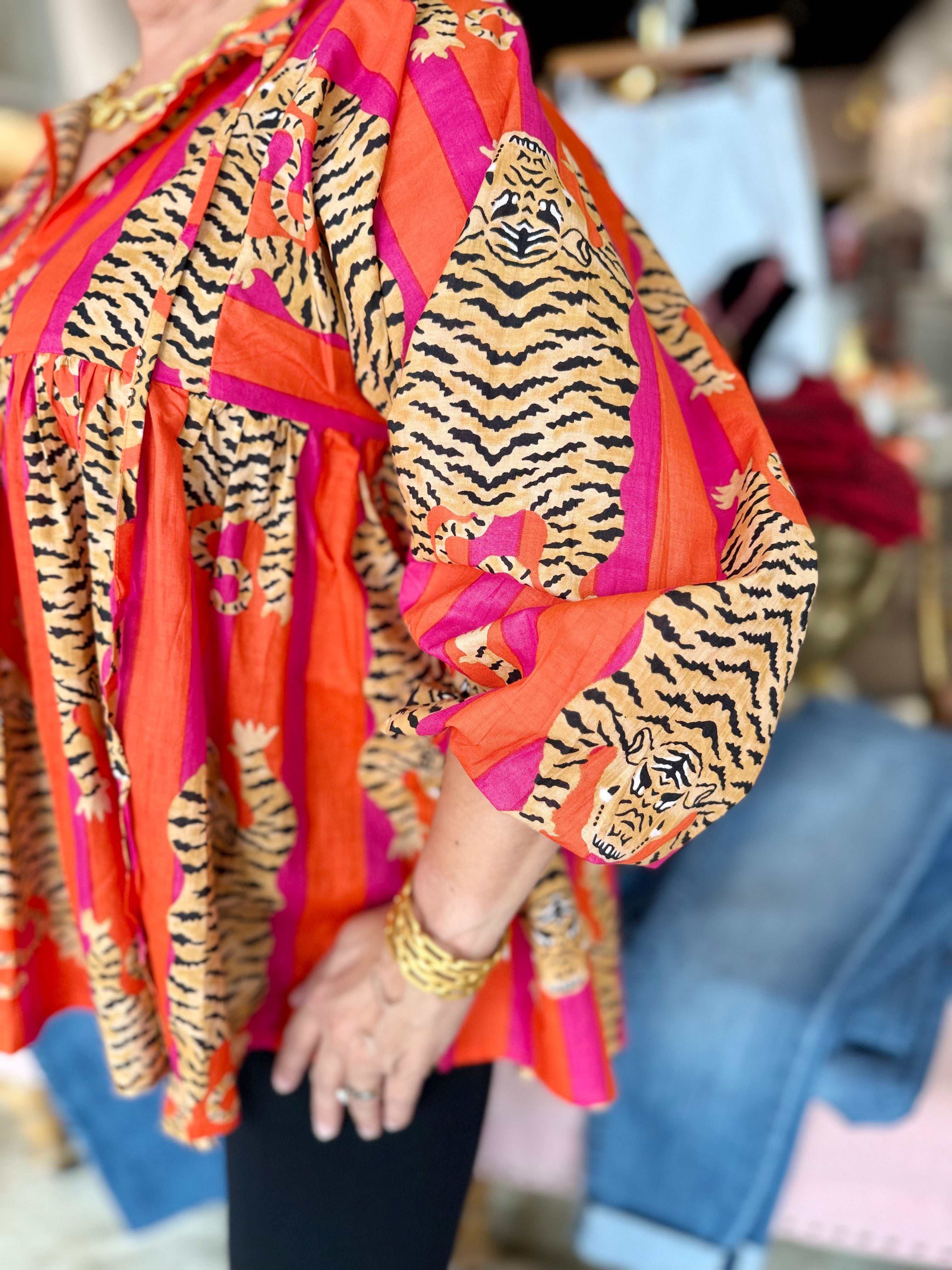 Orange Stripes Tiger Short Block Print Blouse
